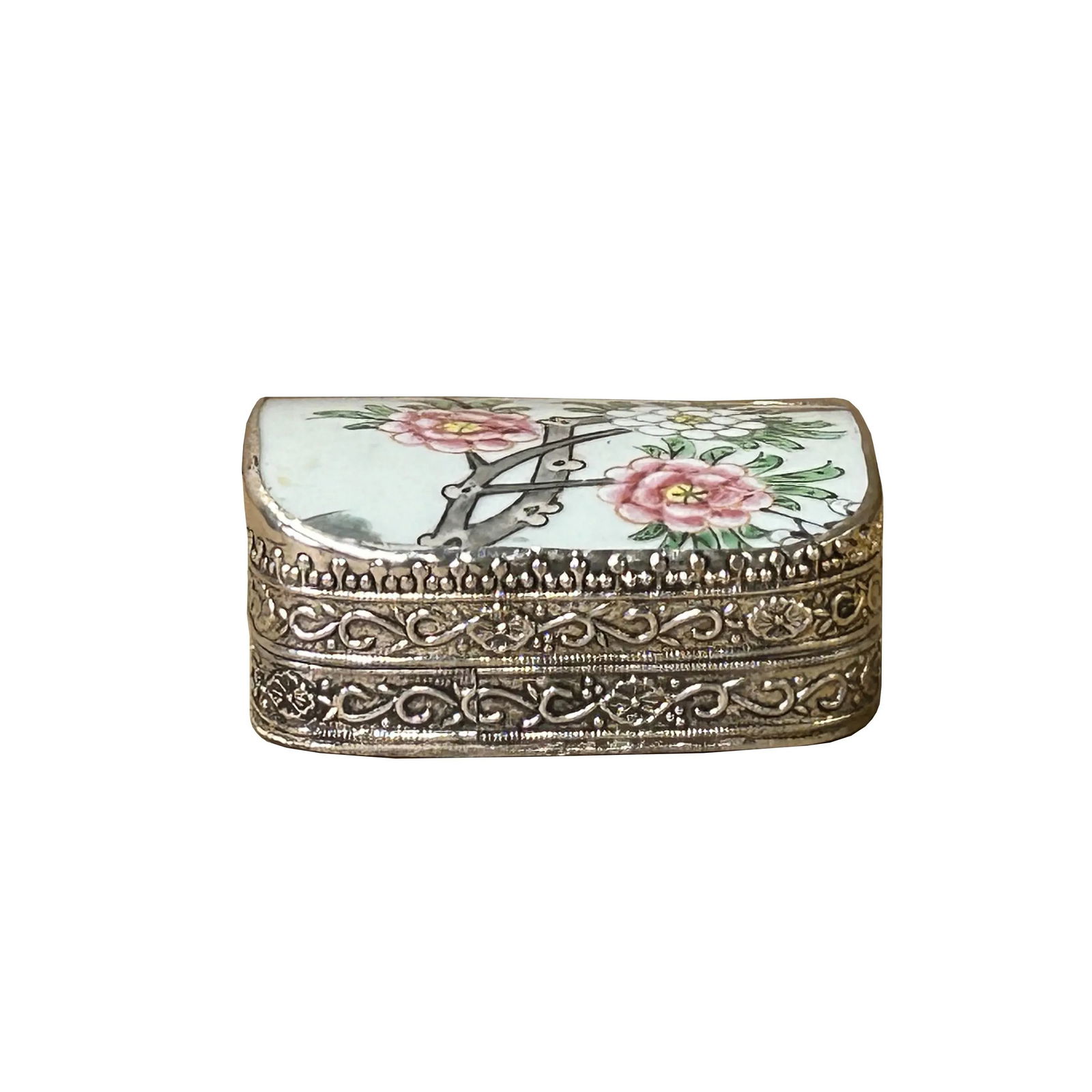 3.5" Chinese Old White Base Pink Flower Graphic Porcelain Art Pewter Box - 7