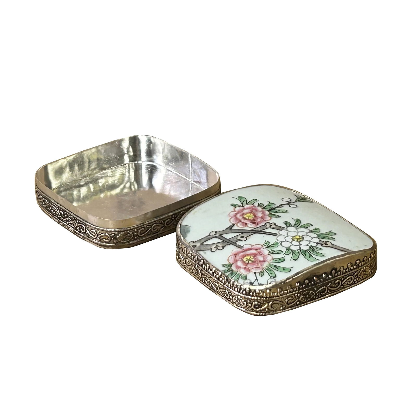 3.5" Chinese Old White Base Pink Flower Graphic Porcelain Art Pewter Box - 8