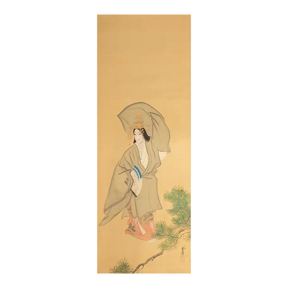 1930s Showa Era Japanese Watercolor Painting on Silk "Woman in Kimono Dancing": Stunning large antique or vintage Japanese watercolor and gouache scroll painting on silk mounted on paper. Depicting a beautiful Woman in Kimono Dancing. Signed and sealed by artist in ink. Masterful