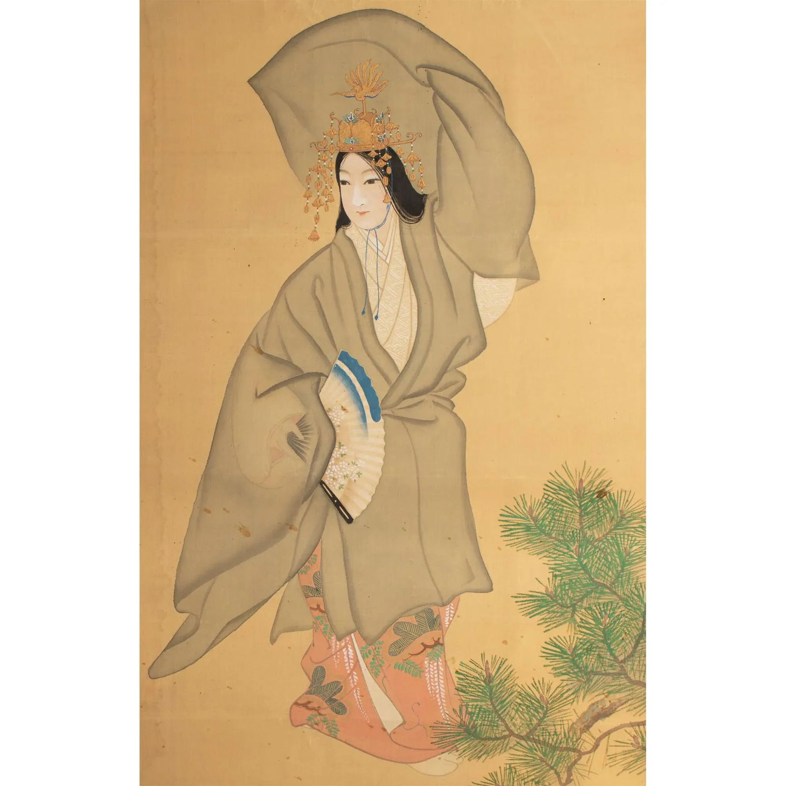 1930s Showa Era Japanese Watercolor Painting on Silk "Woman in Kimono Dancing" - 2