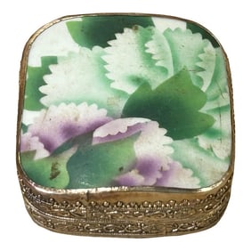 3.5" Chinese Old White Base Purple Flower Porcelain Art Pewter Box