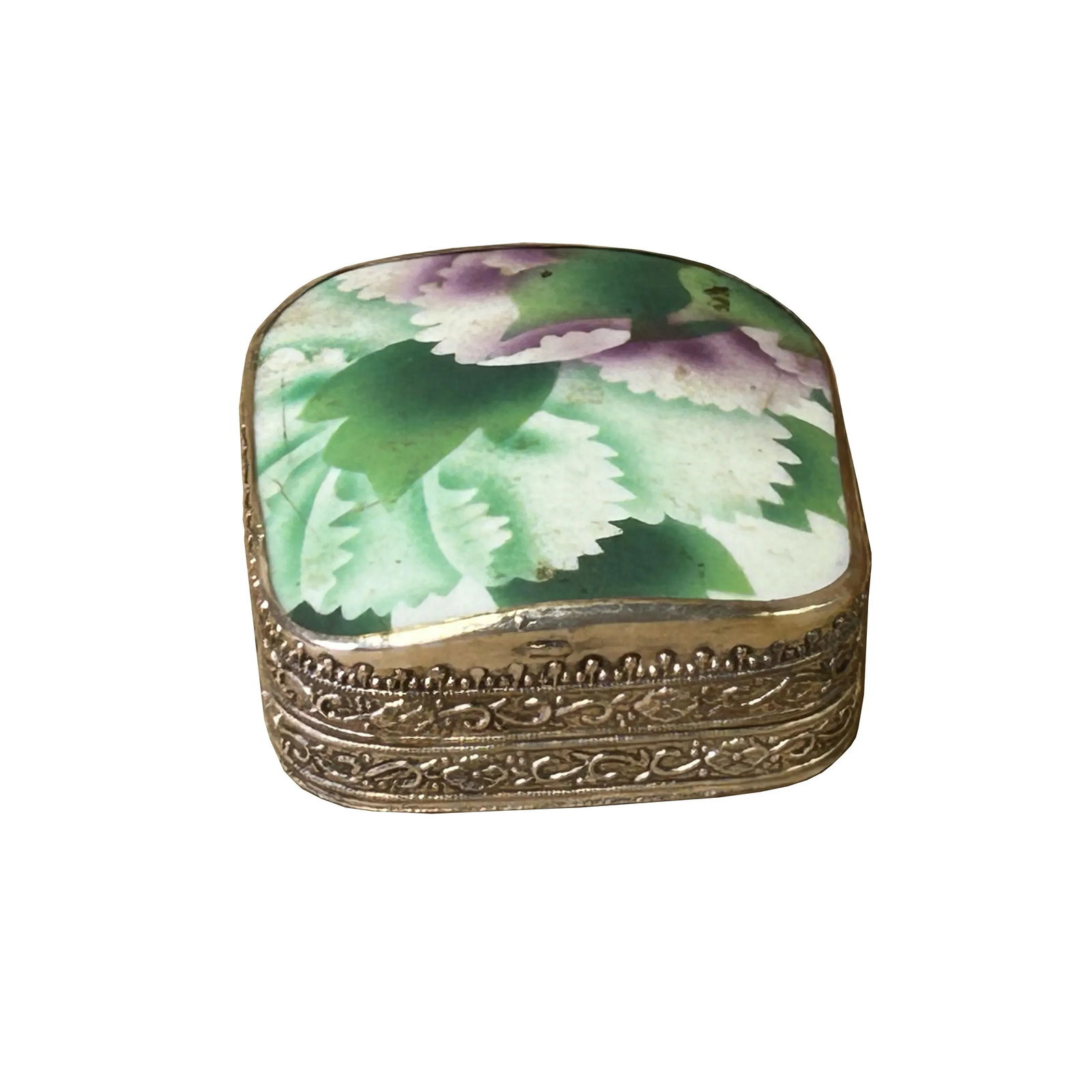 3.5" Chinese Old White Base Purple Flower Porcelain Art Pewter Box - 3