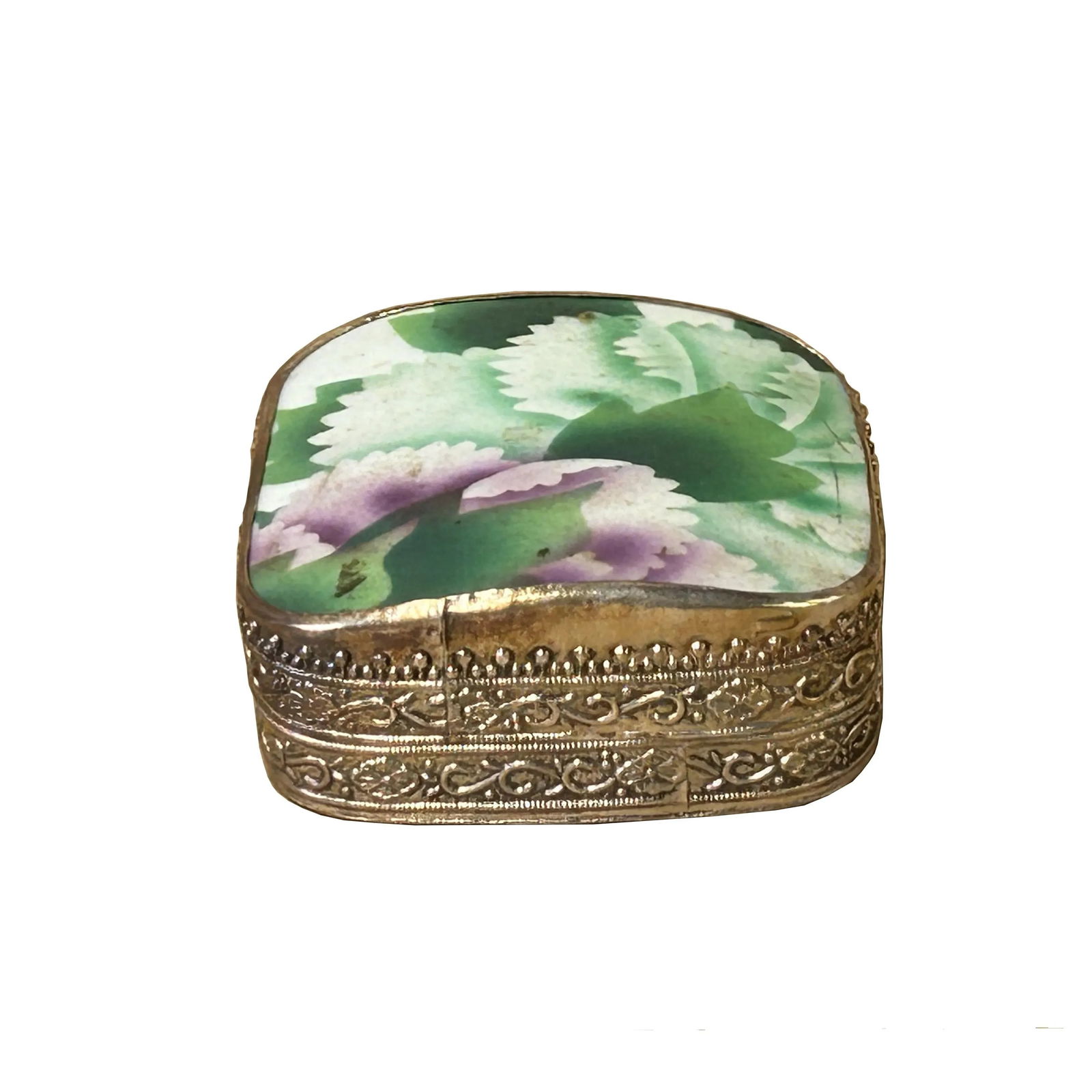 3.5" Chinese Old White Base Purple Flower Porcelain Art Pewter Box - 6