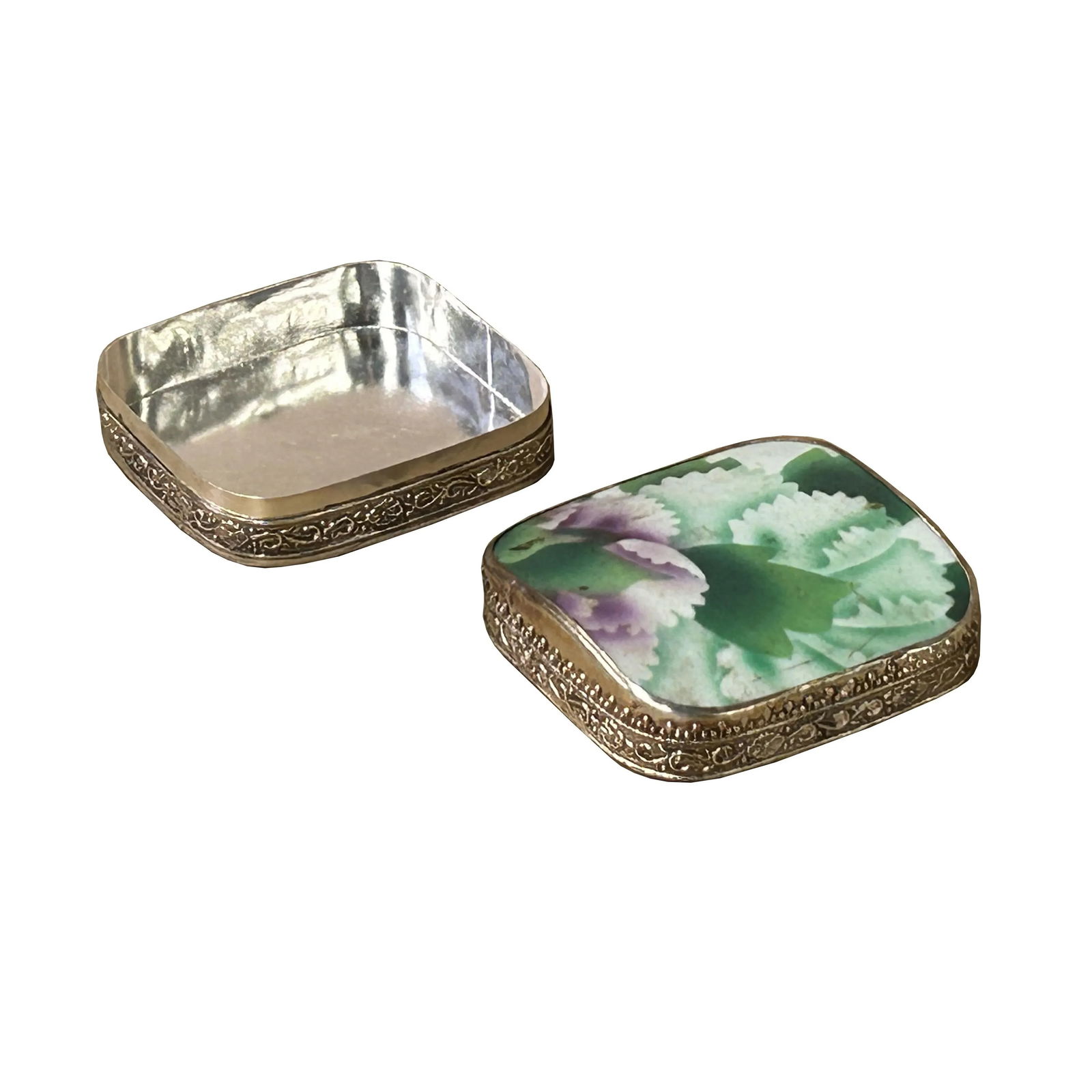 3.5" Chinese Old White Base Purple Flower Porcelain Art Pewter Box - 7