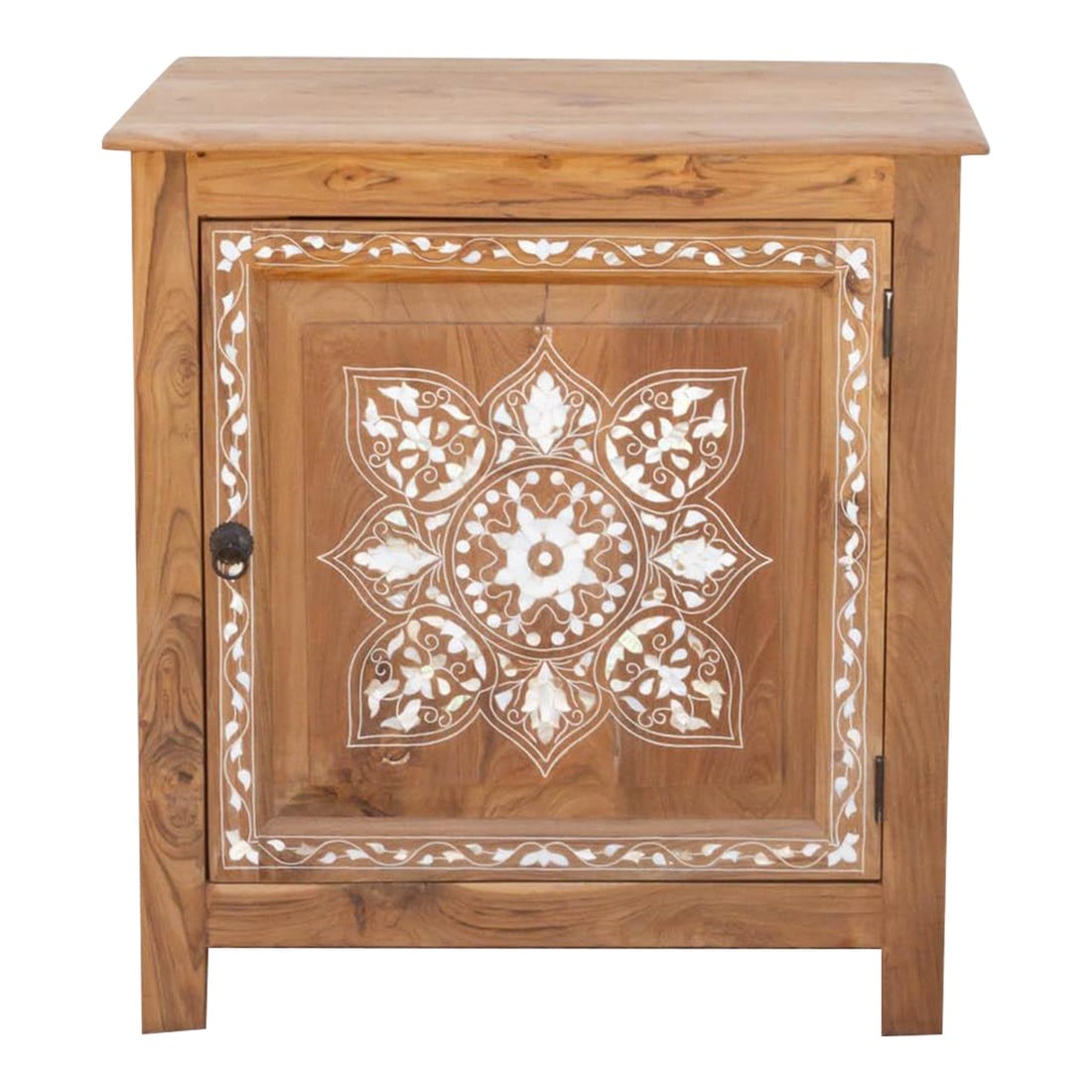 Mother of Pearl Inlay Medallion Small Cabinet: Reconstructed from reclaimed teak and adorned with genuine sea mother-of-pearl, this piece boasts an elegant floral and leaf medallion inlay, reminiscent of the city's historic inlay tradition. Damasc