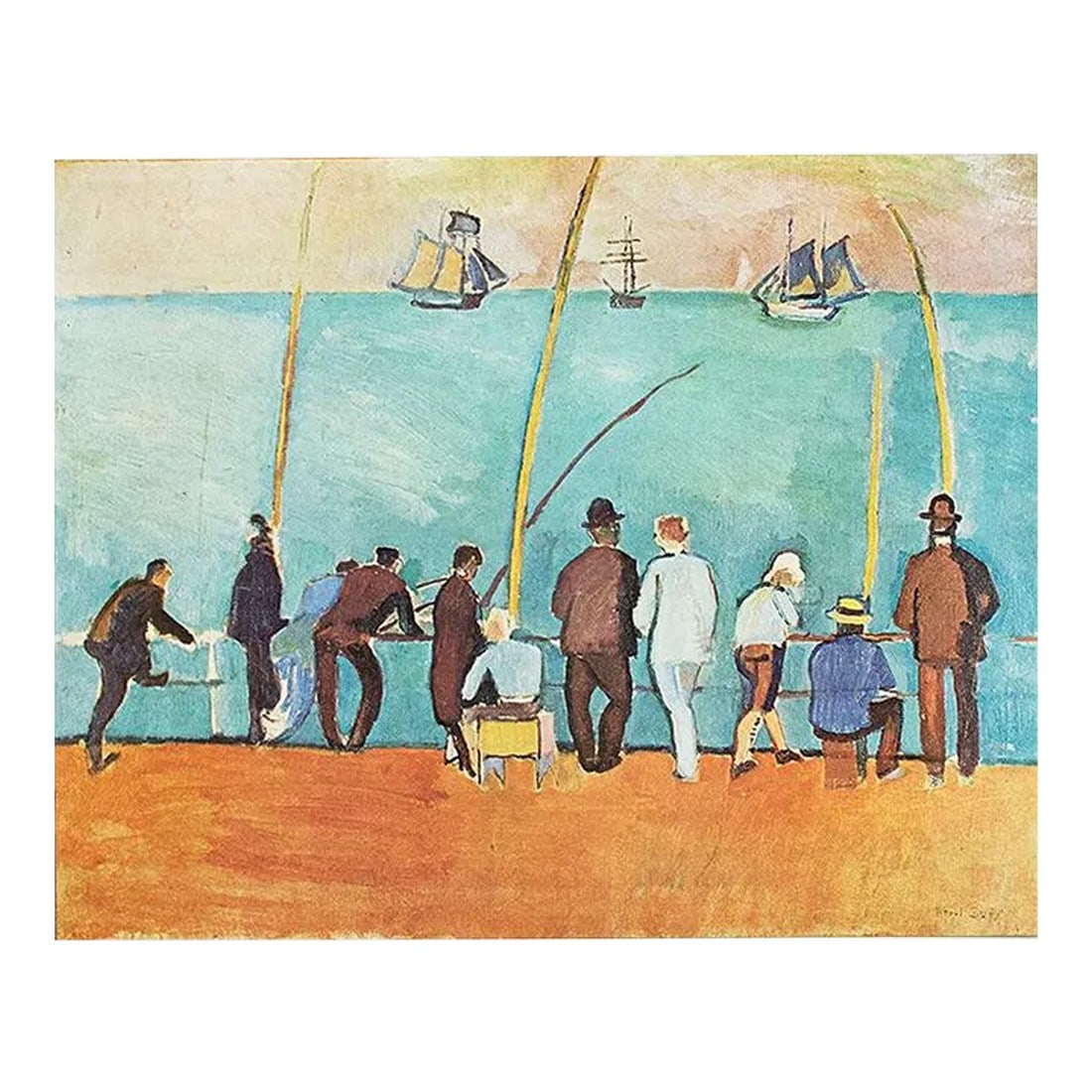 1970 After Raoul Dufy "Anglers", Full-Color Parisian Print: An excellent full-color print after the painting "Anglers" by Raoul Dufy. Published by New French Editions in France in October 1970. Printed on one side. Hand tipped-in on a board of high quality hea