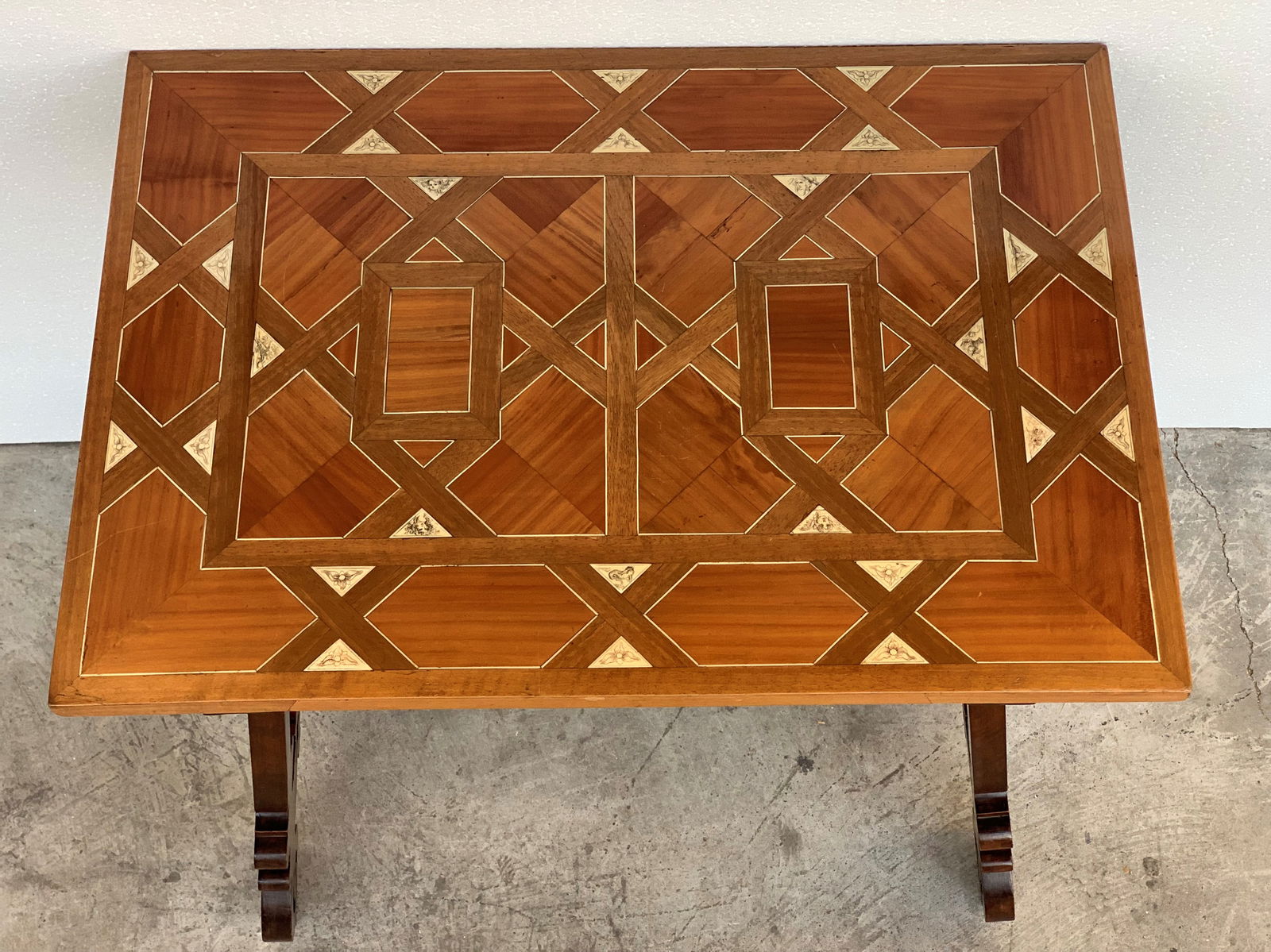 19th Century Baroque Spanish Side Table With Marquetry Top and Lyre Carved Legs - 12
