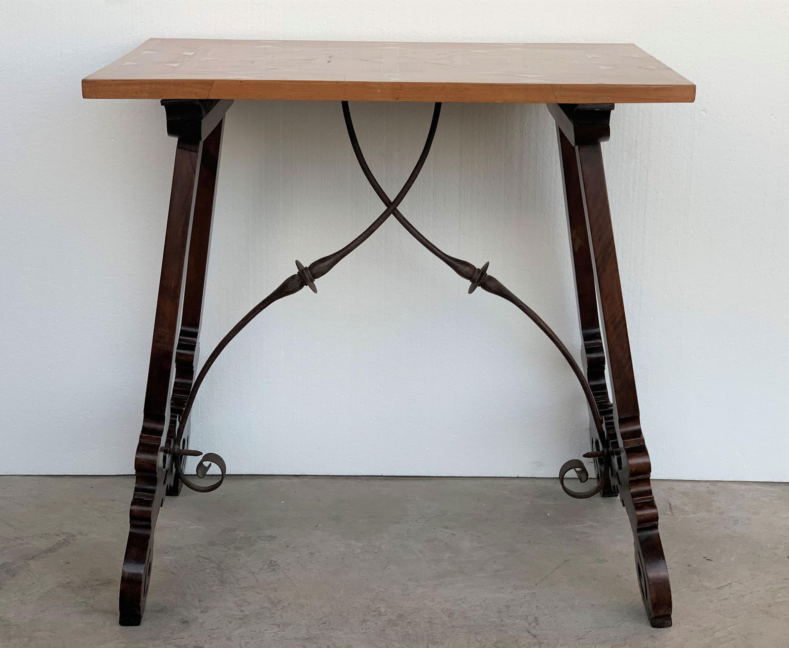 19th Century Baroque Spanish Side Table With Marquetry Top and Lyre Carved Legs - 13