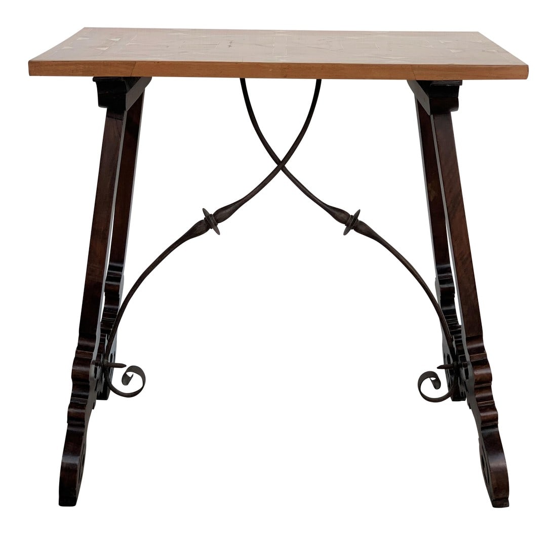 19th Century Baroque Spanish Side Table With Marquetry Top and Lyre Carved Legs (1 of 13)