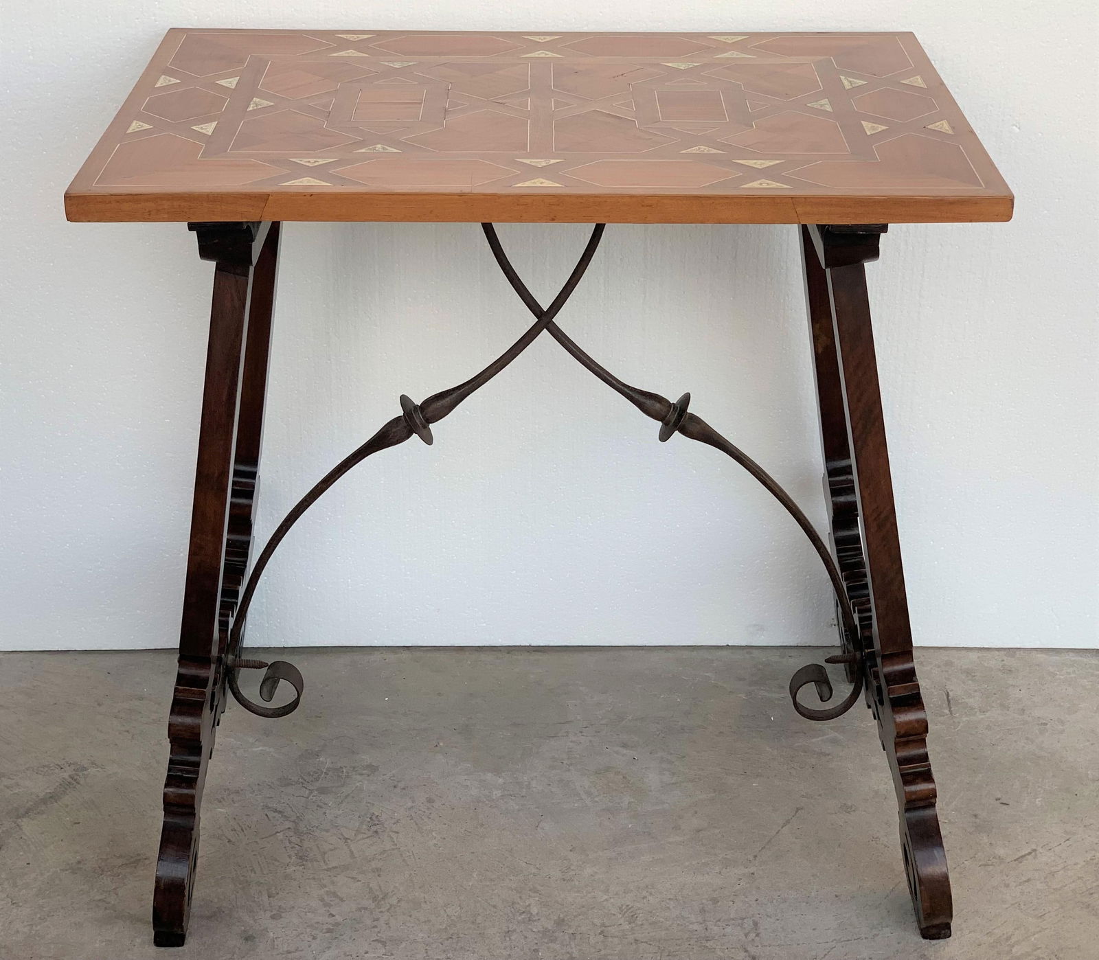 19th Century Baroque Spanish Side Table With Marquetry Top and Lyre Carved Legs - 3