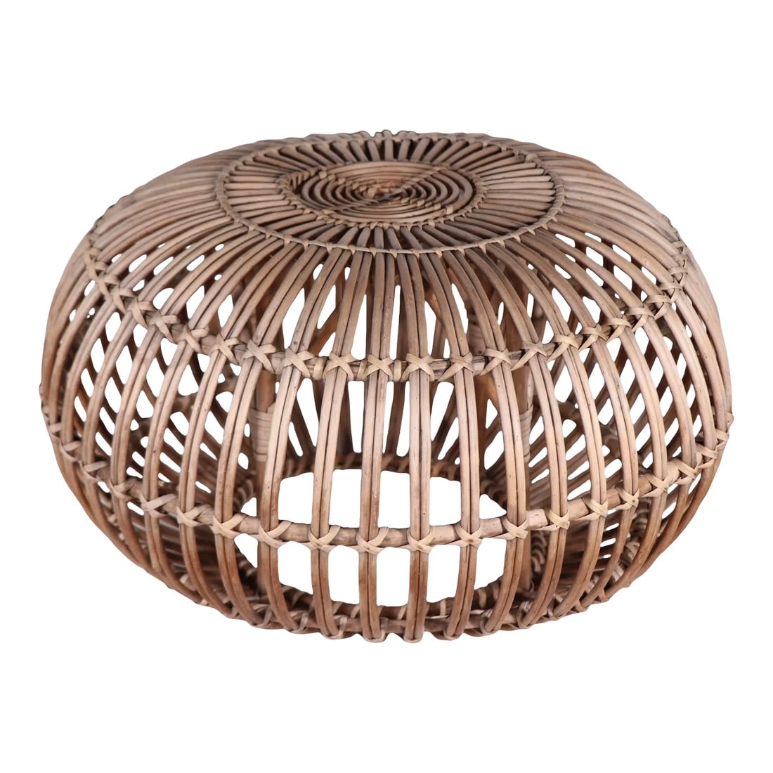 Stick Wicker Reed Ottoman Stool Footrest Pouf by Franco Albini: Classic split reed wicker ottoman designed by Franco Albini circa 1950/60's. The stool features repeating bowed reeds, creating an orb like form. This example is in good, original condition, free of d