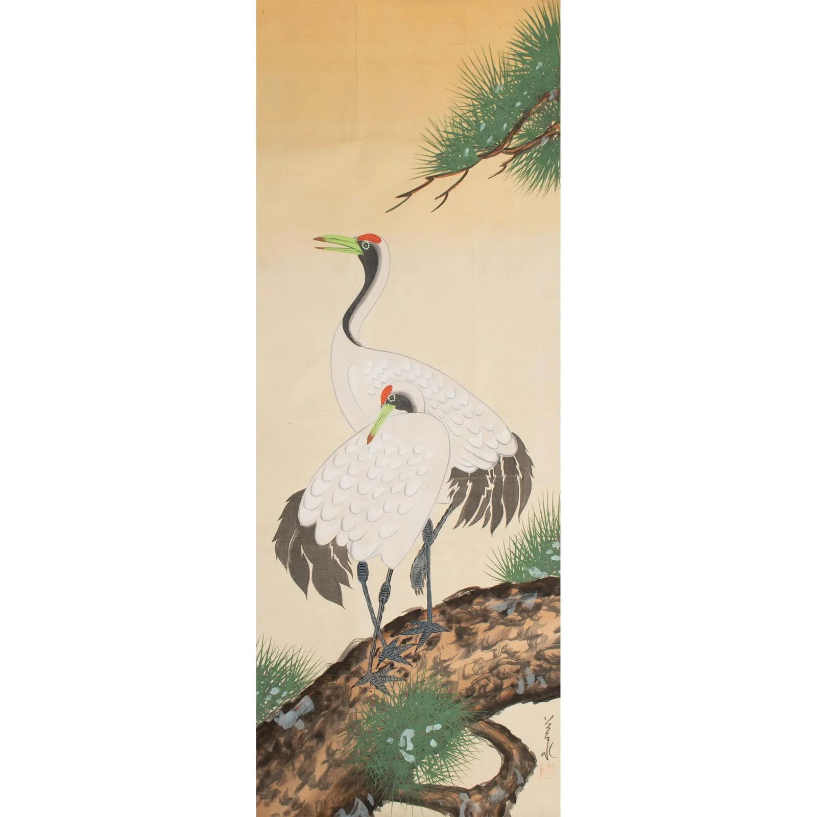 Post-1940 Showa Era Japanese Watercolor Painting on Silk "Two Cranes & the Pina Tree" - 11