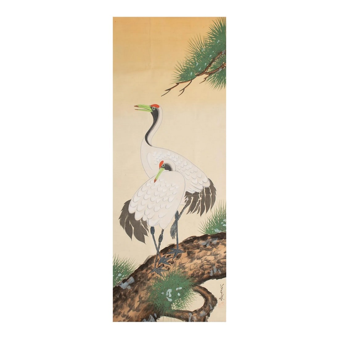Post-1940 Showa Era Japanese Watercolor Painting on Silk "Two Cranes & the Pina Tree" (1 of 11)