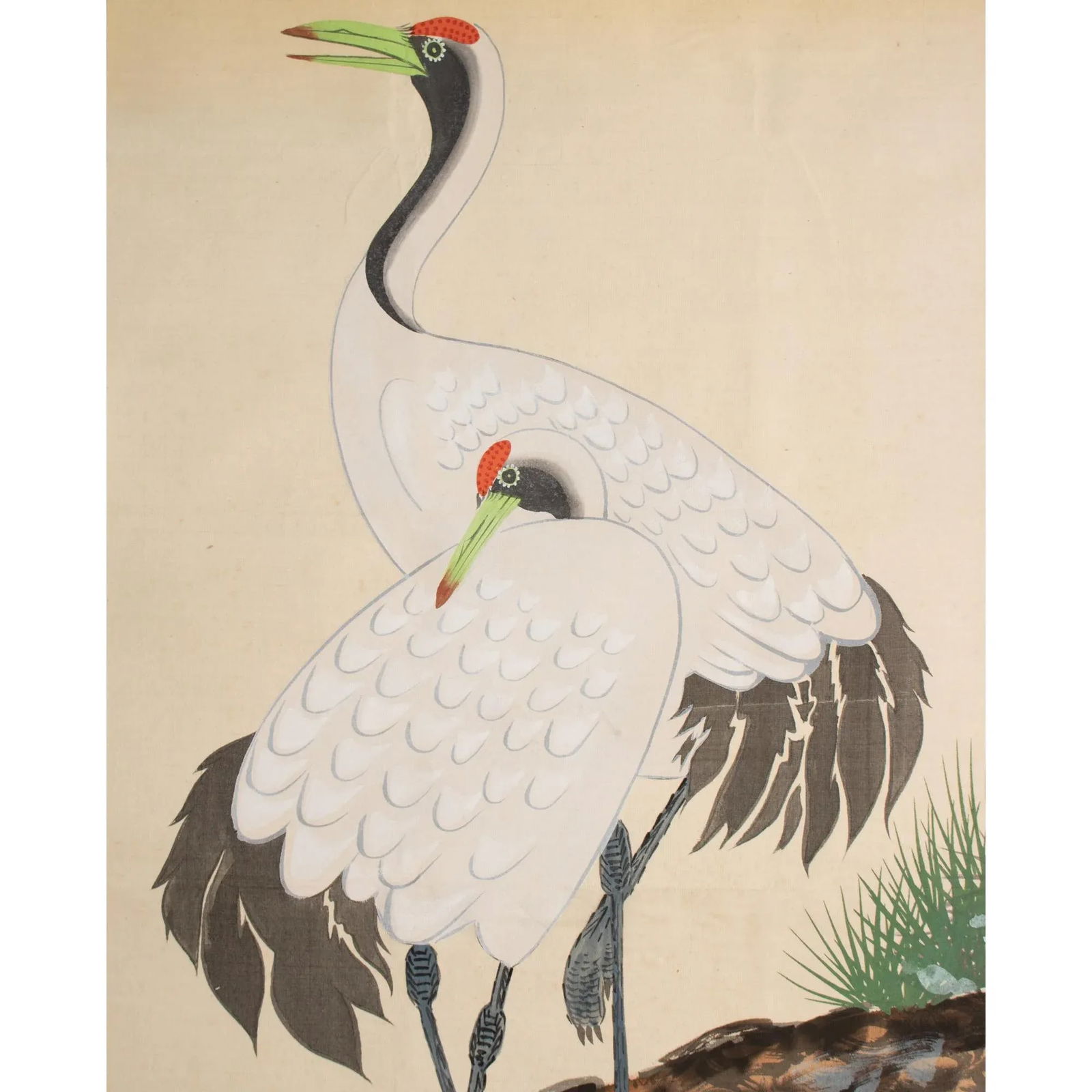Post-1940 Showa Era Japanese Watercolor Painting on Silk "Two Cranes & the Pina Tree" - 5