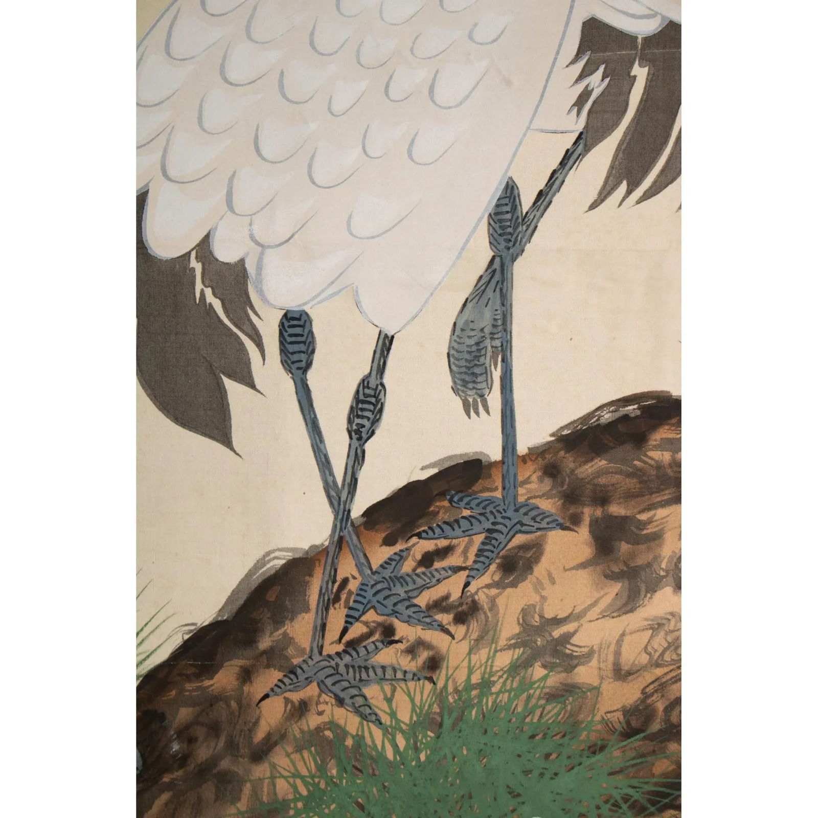 Post-1940 Showa Era Japanese Watercolor Painting on Silk "Two Cranes & the Pina Tree" - 6