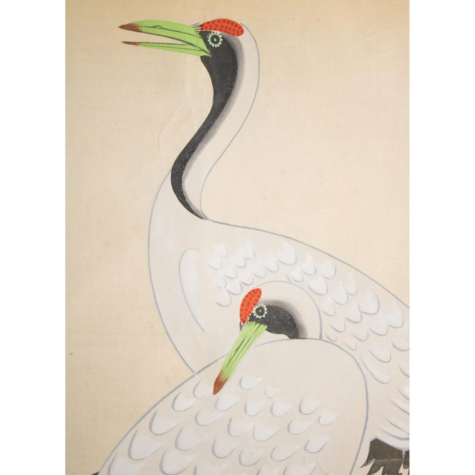 Post-1940 Showa Era Japanese Watercolor Painting on Silk "Two Cranes & the Pina Tree" - 7