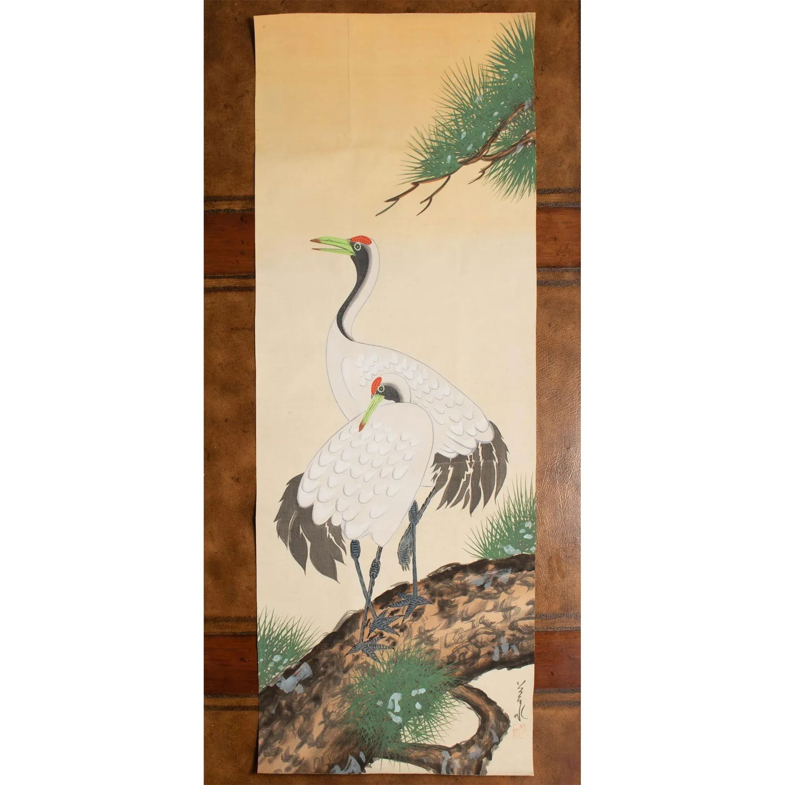 Post-1940 Showa Era Japanese Watercolor Painting on Silk "Two Cranes & the Pina Tree" - 9