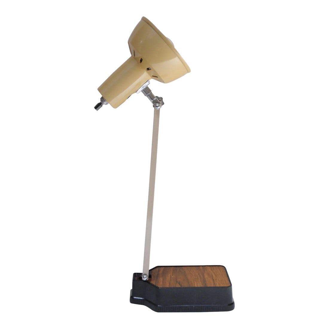 Vintage American Modern Adjustable Spring-Loaded Task / Table Lamp by Electrix: Circa 1970s adjustable/foldable task-lamp by Electrix with a sand/beige plastic shade with cream metal stem and faux-wood brown and black plastic base. Spring-loaded arm and adjustable/swiveling