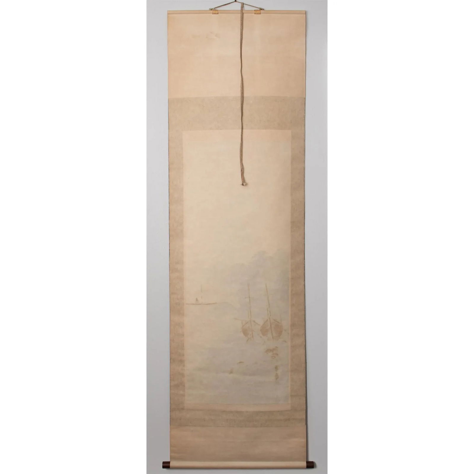 Mid 20th Century Showa Era Japanese Monochrome Watercolor Landscape Painting With Boats and Fisherma - 10