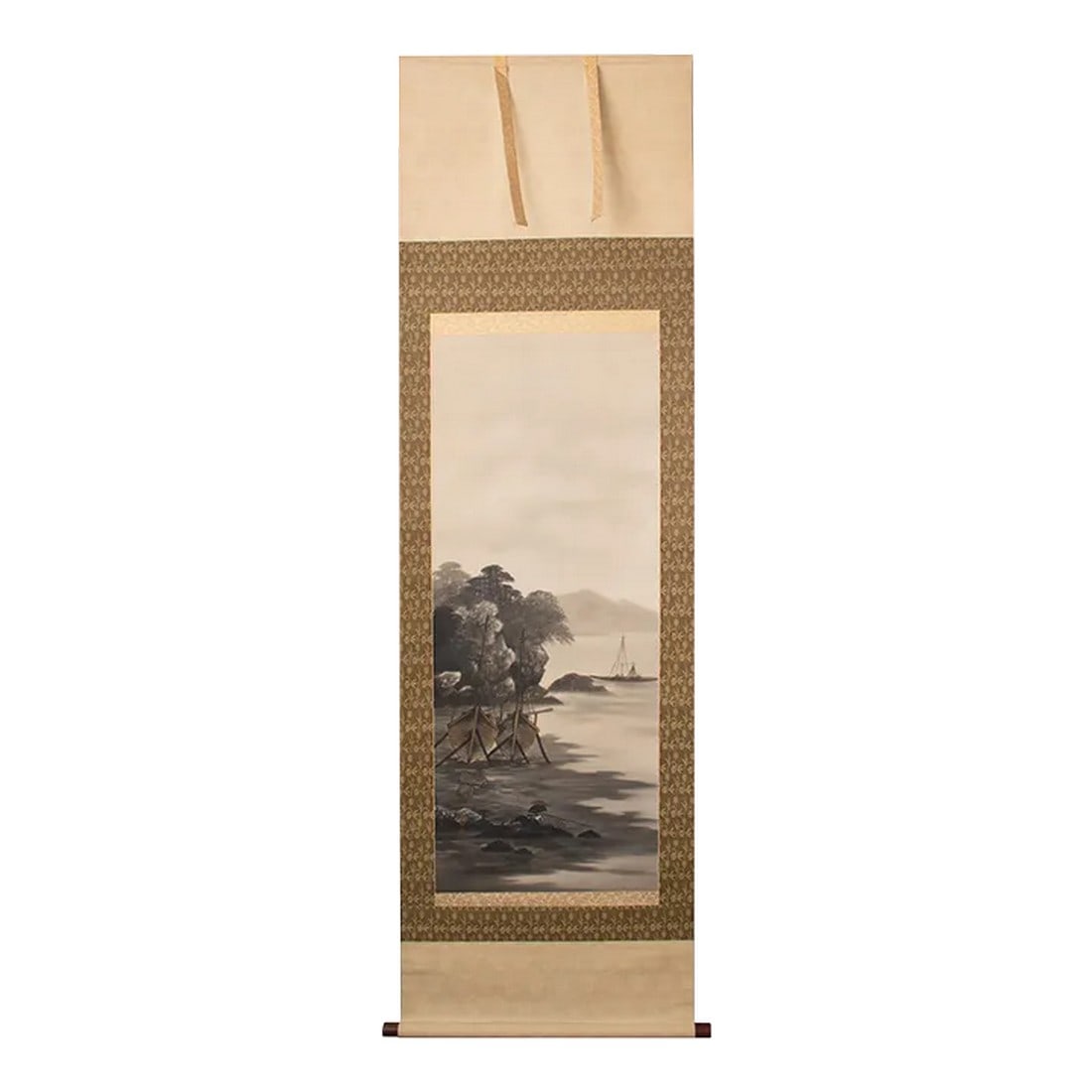 Mid 20th Century Showa Era Japanese Monochrome Watercolor Landscape Painting With Boats and Fisherma: Excellent large Japanese Showa Era monochrome scroll watercolor painting depicting peaceful Landscape with Boats and Fisherman. Signed and sealed by artist in gold ink. Masterfully done. Watercolor