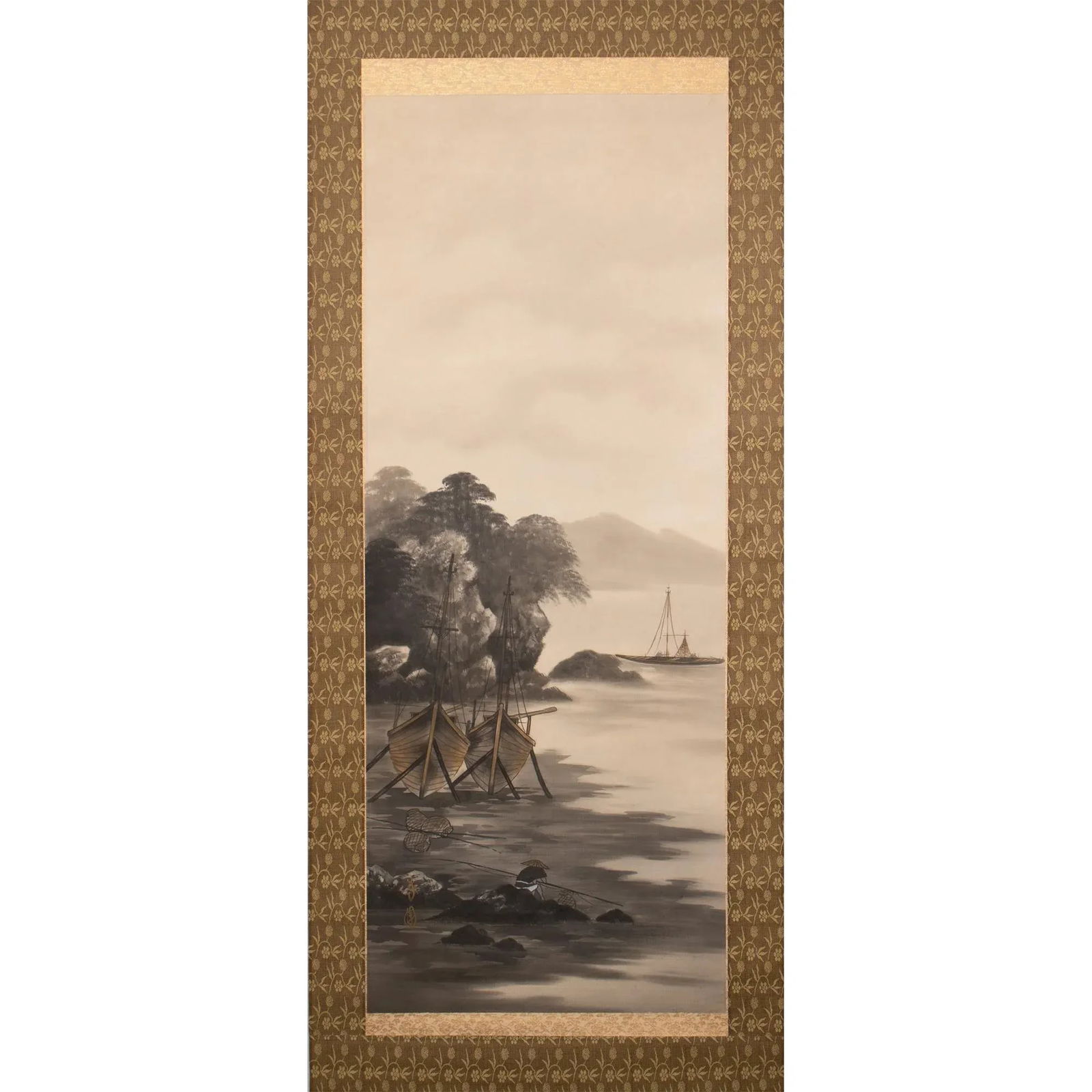 Mid 20th Century Showa Era Japanese Monochrome Watercolor Landscape Painting With Boats and Fisherma - 2