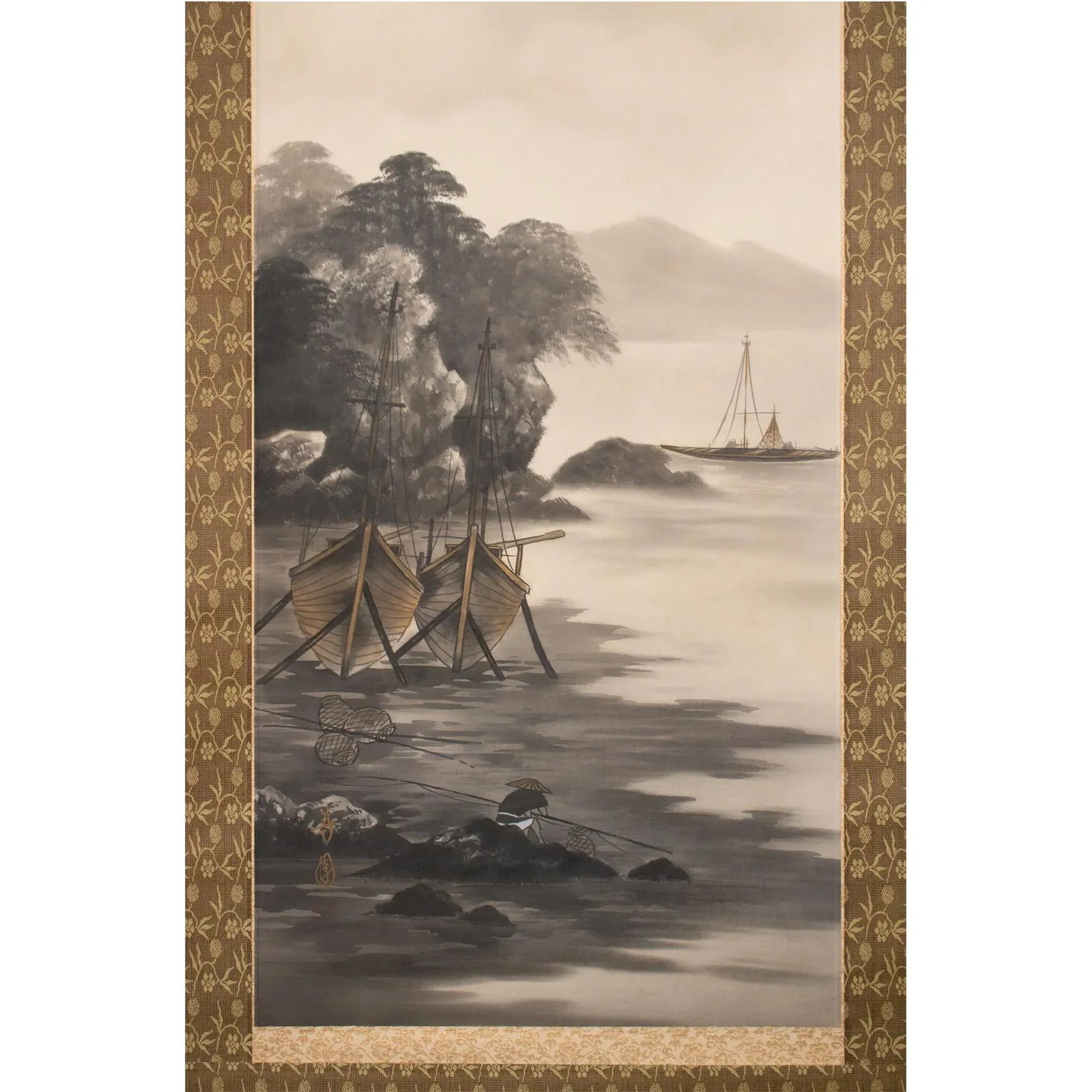 Mid 20th Century Showa Era Japanese Monochrome Watercolor Landscape Painting With Boats and Fisherma - 3