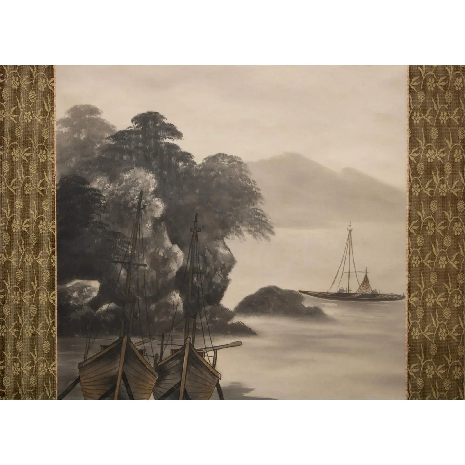 Mid 20th Century Showa Era Japanese Monochrome Watercolor Landscape Painting With Boats and Fisherma - 4