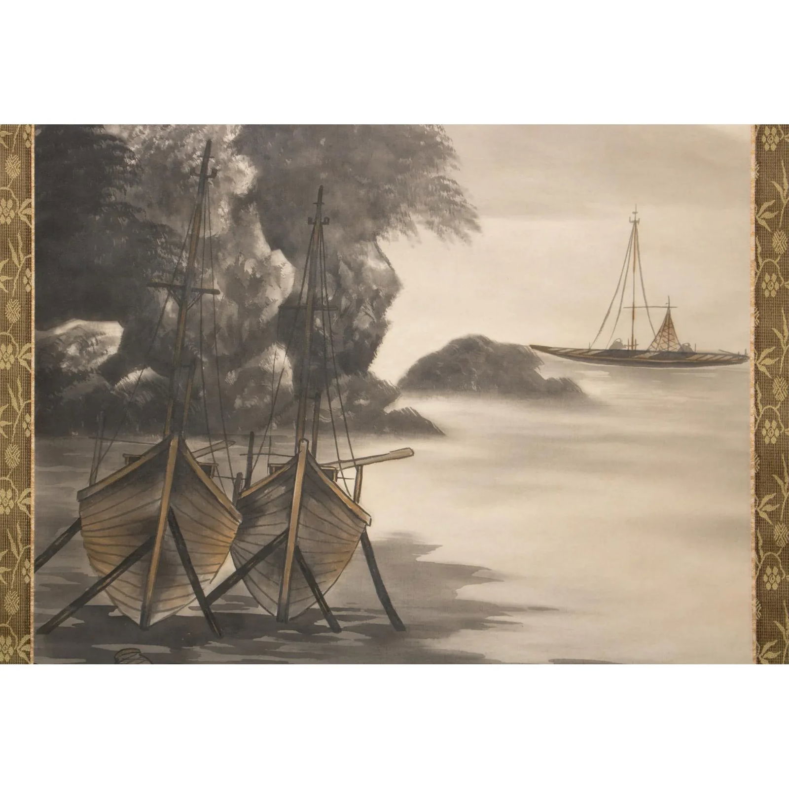 Mid 20th Century Showa Era Japanese Monochrome Watercolor Landscape Painting With Boats and Fisherma - 5