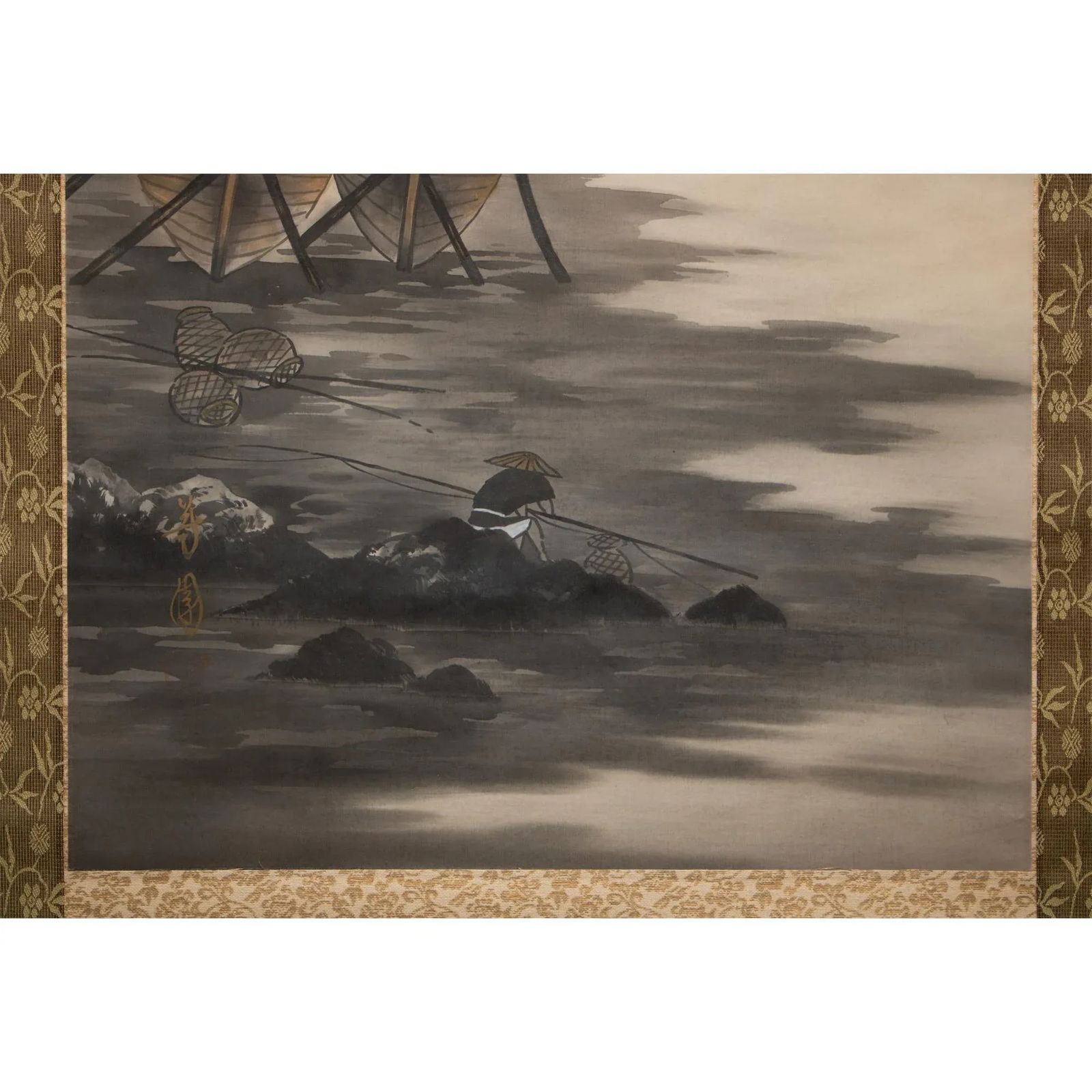 Mid 20th Century Showa Era Japanese Monochrome Watercolor Landscape Painting With Boats and Fisherma - 6