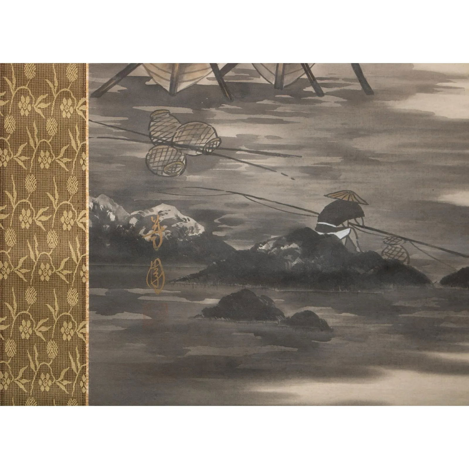 Mid 20th Century Showa Era Japanese Monochrome Watercolor Landscape Painting With Boats and Fisherma - 7