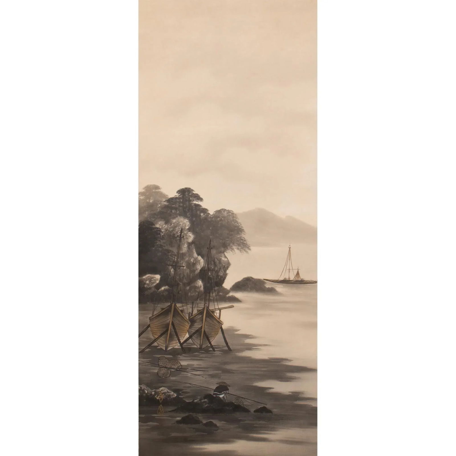 Mid 20th Century Showa Era Japanese Monochrome Watercolor Landscape Painting With Boats and Fisherma - 8