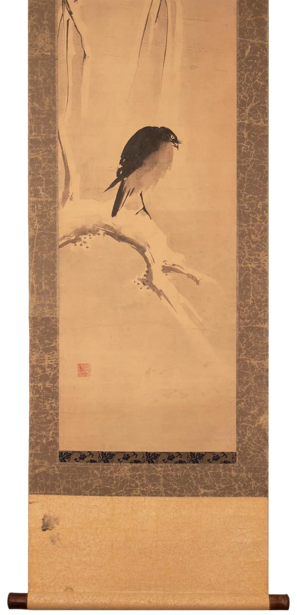 1920s Late Meiji to Early Showa Japanese Watercolor Scroll Painting, "The Crow and the Snow" - 4