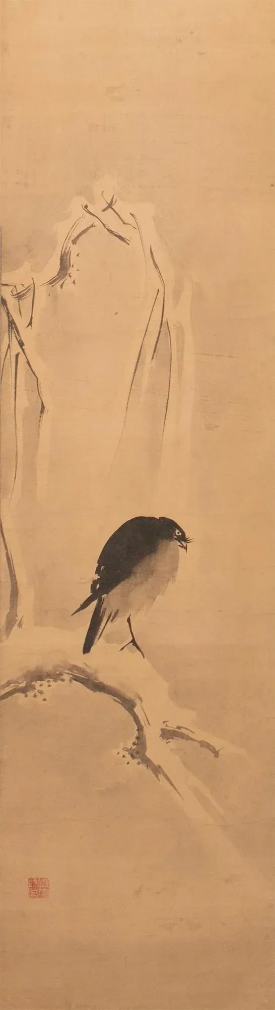 1920s Late Meiji to Early Showa Japanese Watercolor Scroll Painting, "The Crow and the Snow" - 5