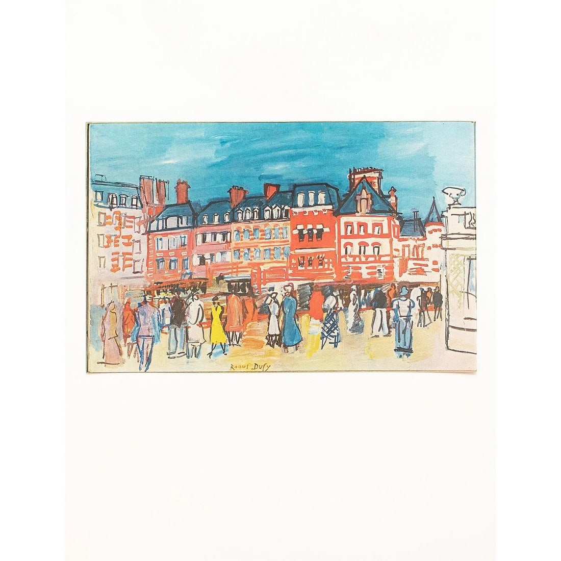 1970 After Raoul Dufy "Houses in Trouville", Full-Color Parisian Print: An excellent full-color print after the painting "Houses in Trouville" by Raoul Dufy. Published by New French Editions in France in October 1970. Printed on one side. Hand tipped-in on a board of