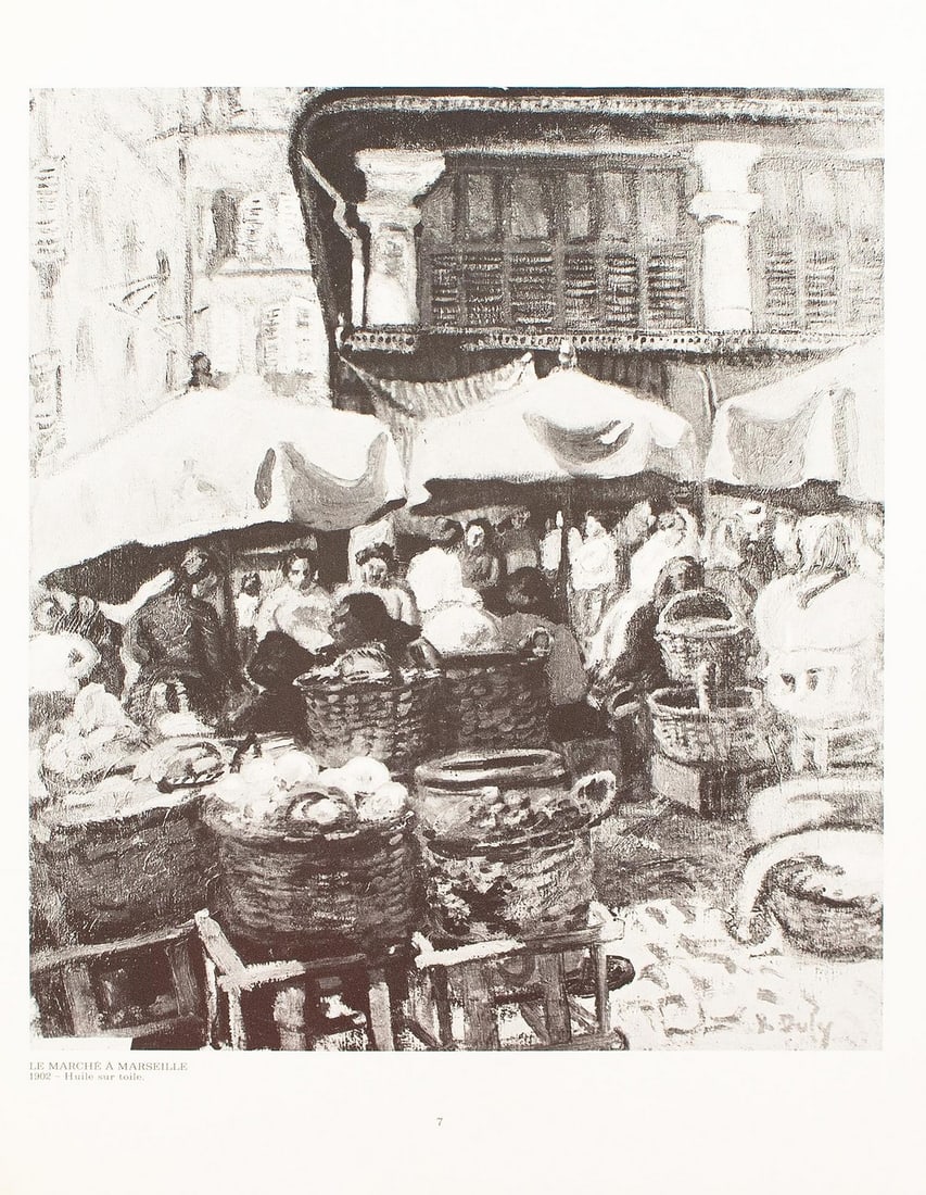 1970 After Raoul Dufy "The Market at Marseilles", Black and White Parisian Print: An excellent black and white print after the painting "The Market at Marseilles" by Raoul Dufy. Published by New French Editions in France in October 1970. Printed on one side. Information regarding