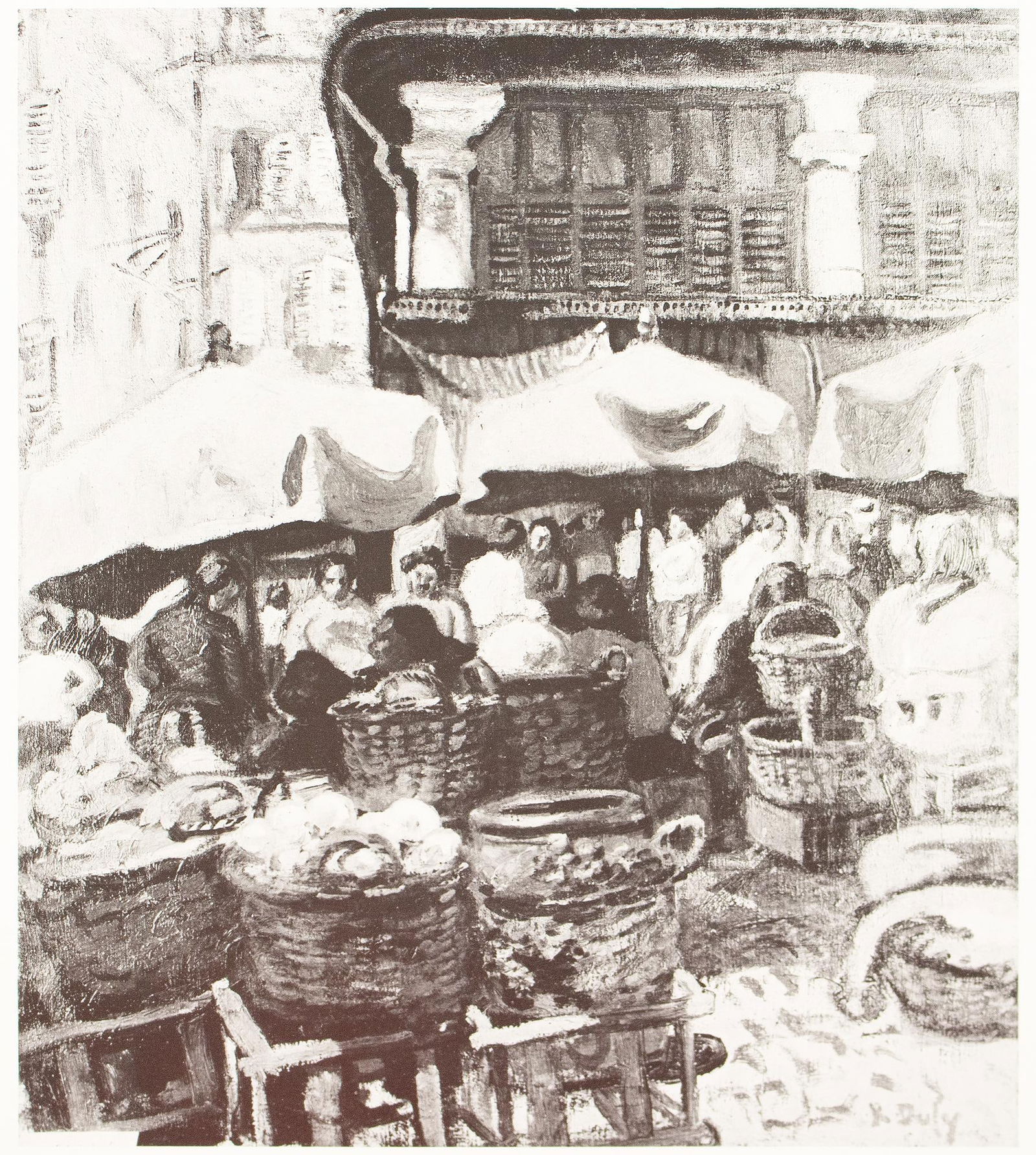 1970 After Raoul Dufy "The Market at Marseilles", Black and White Parisian Print - 7