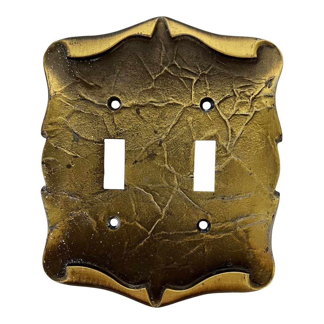 Mid Century Antique Brass Scroll Design Double Switch Lighting Backplate: Mid century antique brass double switch plate cover. Measures 4.75" x 5.75". Other matching pieces available in our Chairish shop. Condition: Alterations: Original Condition Unaltered