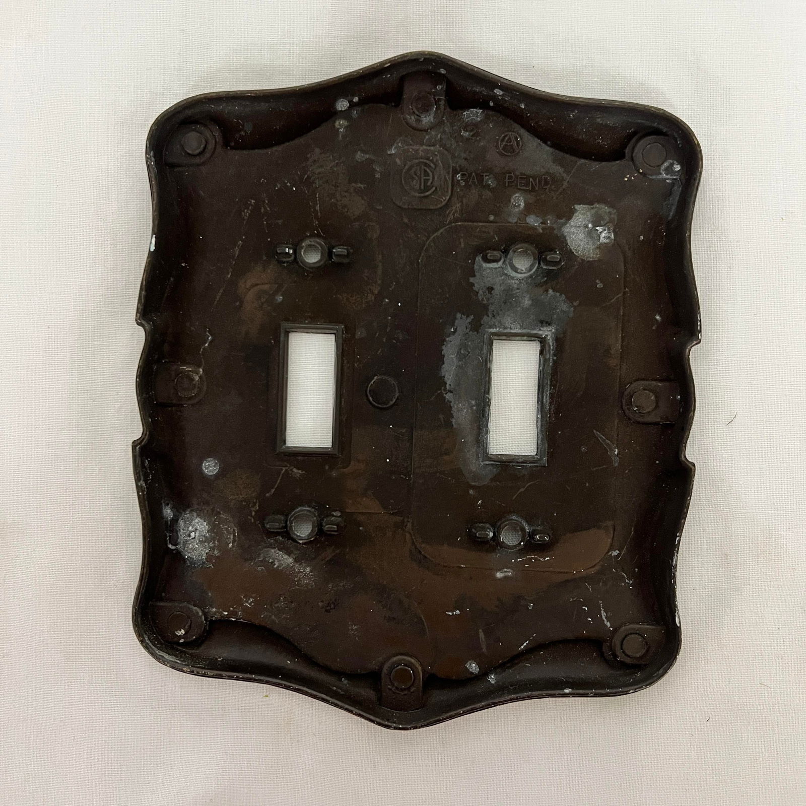 Mid Century Antique Brass Scroll Design Double Switch Lighting Backplate - 2