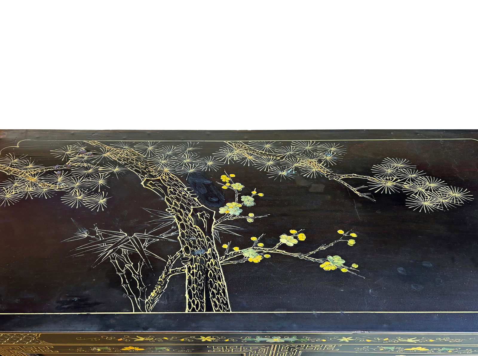 Vintage Chinoiseries Black & Stone Inlay Graphic Credenza Storage Cabinet - 11