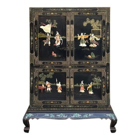 Vintage Chinoiseries Black & Stone Inlay Graphic Credenza Storage Cabinet