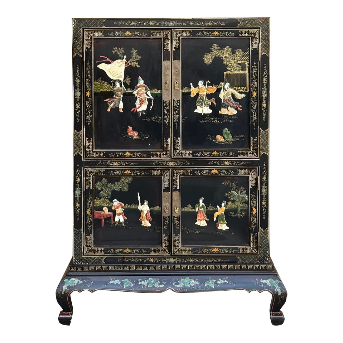 Vintage Chinoiseries Black & Stone Inlay Graphic Credenza Storage Cabinet: Imagine a vintage Chinoiseries credenza storage cabinet, exuding timeless elegance with its black lacquer finish and exquisite stone inlay depicting intricate people graphics. This piece of furniture