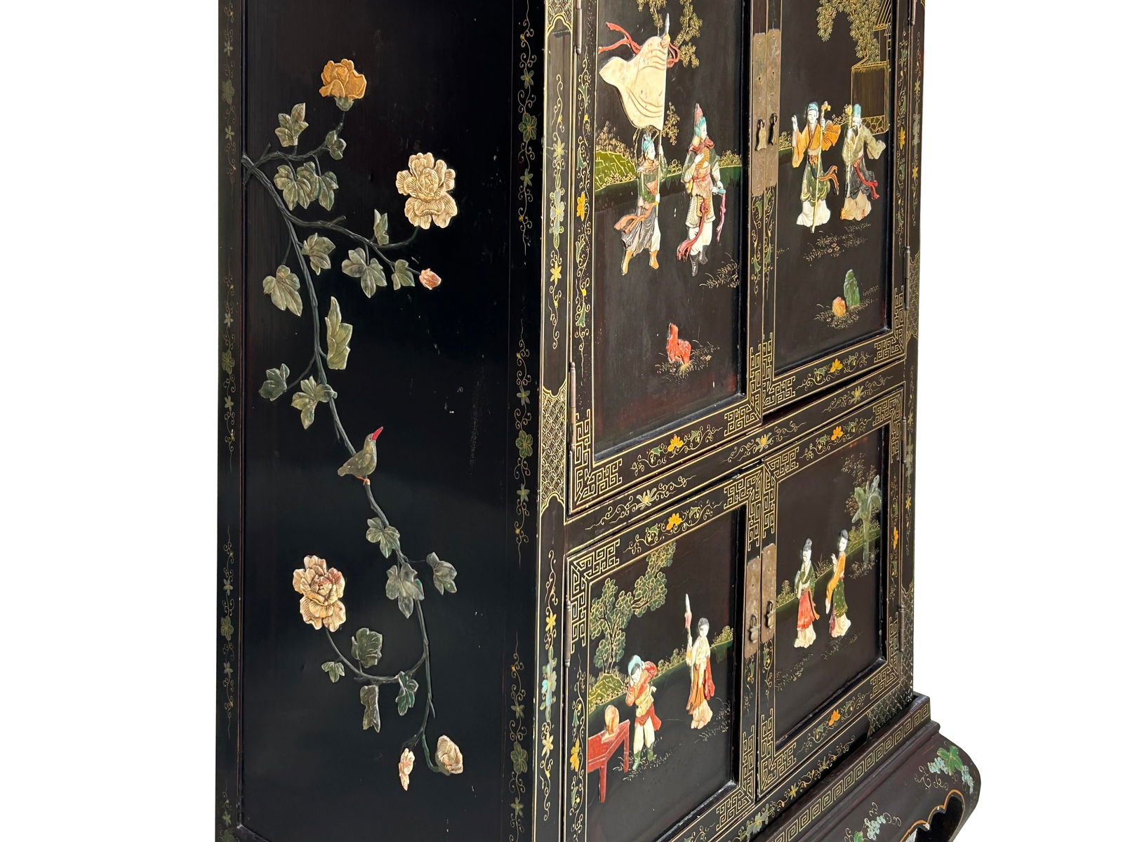 Vintage Chinoiseries Black & Stone Inlay Graphic Credenza Storage Cabinet - 2