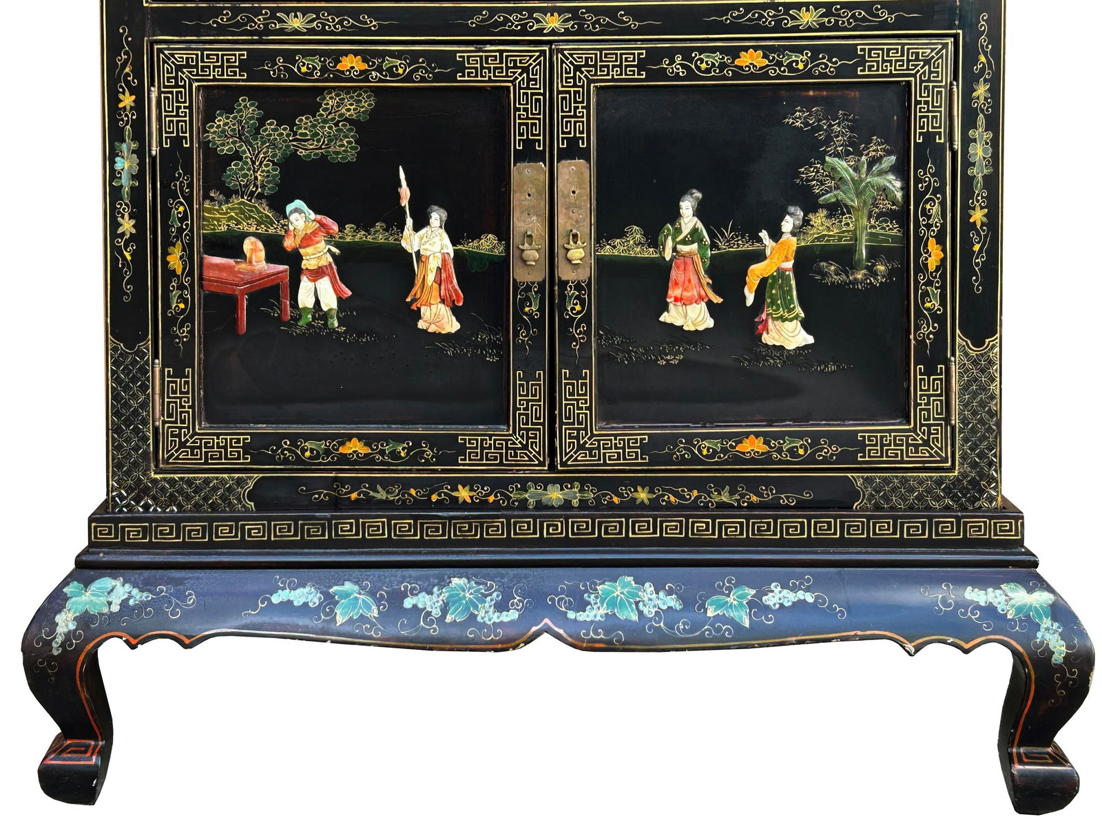 Vintage Chinoiseries Black & Stone Inlay Graphic Credenza Storage Cabinet - 4