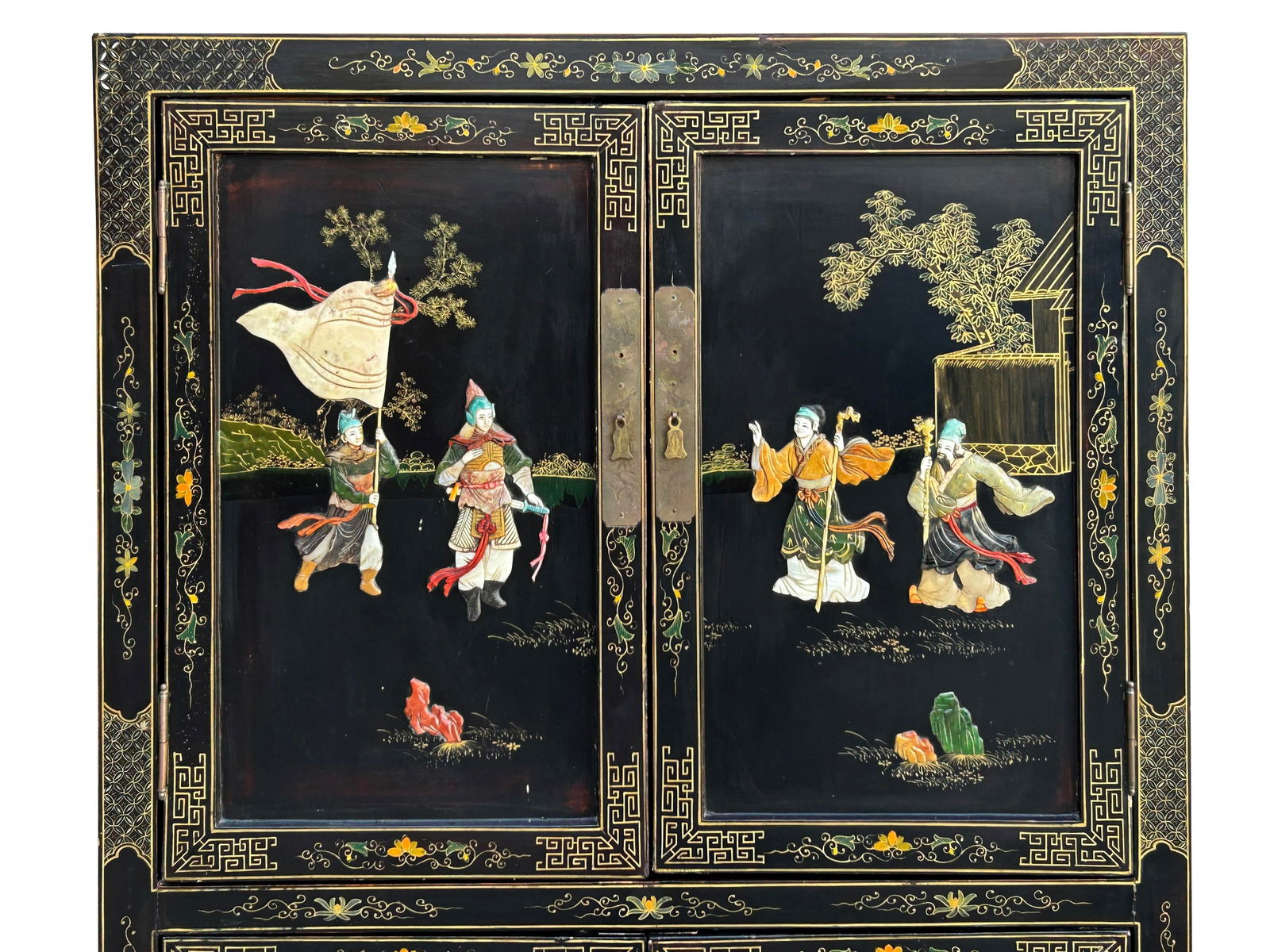 Vintage Chinoiseries Black & Stone Inlay Graphic Credenza Storage Cabinet - 5