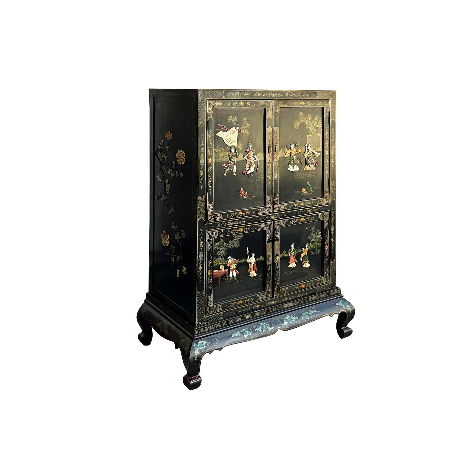 Vintage Chinoiseries Black & Stone Inlay Graphic Credenza Storage Cabinet - 6