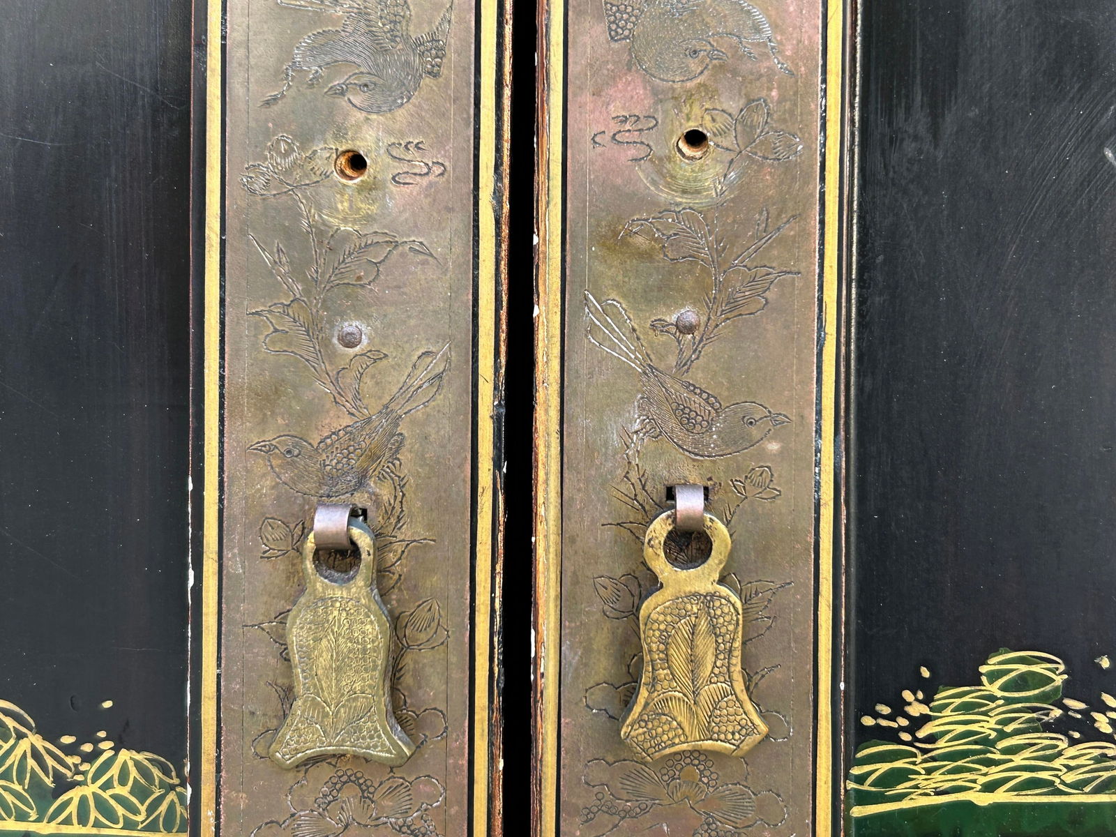 Vintage Chinoiseries Black & Stone Inlay Graphic Credenza Storage Cabinet - 7