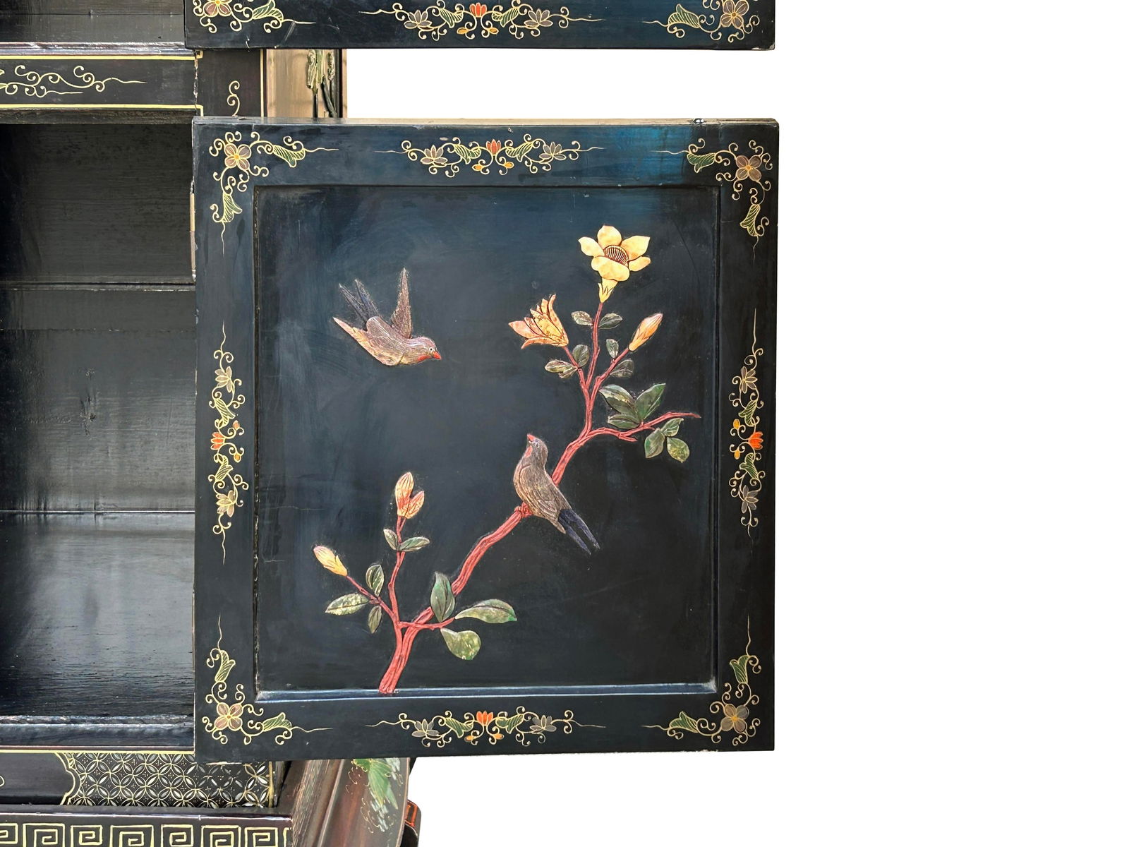 Vintage Chinoiseries Black & Stone Inlay Graphic Credenza Storage Cabinet - 9