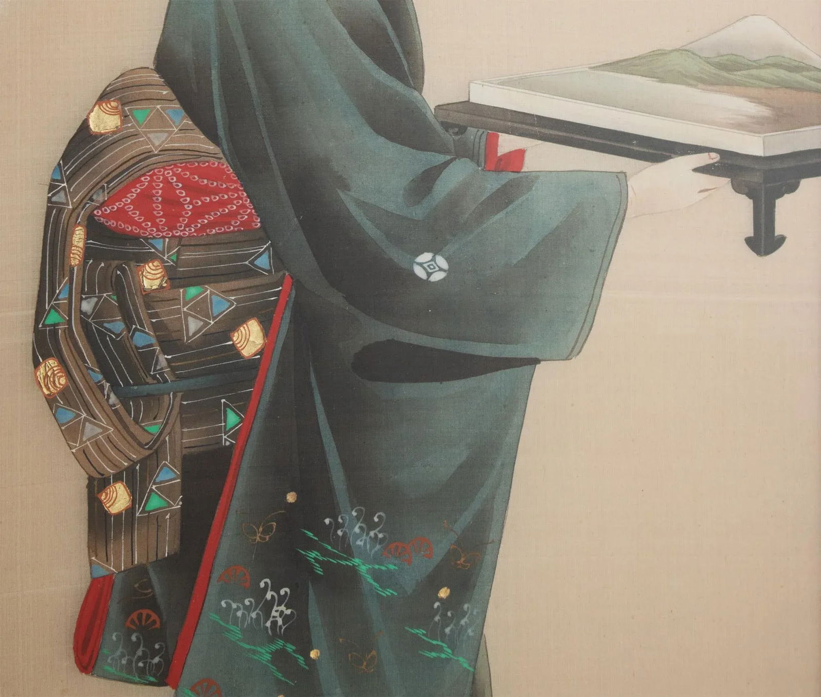 Early 20th Century Meiji to Early Showa Japanese Watercolor Painting of a Woman Carrying Mt Fuji on - 10