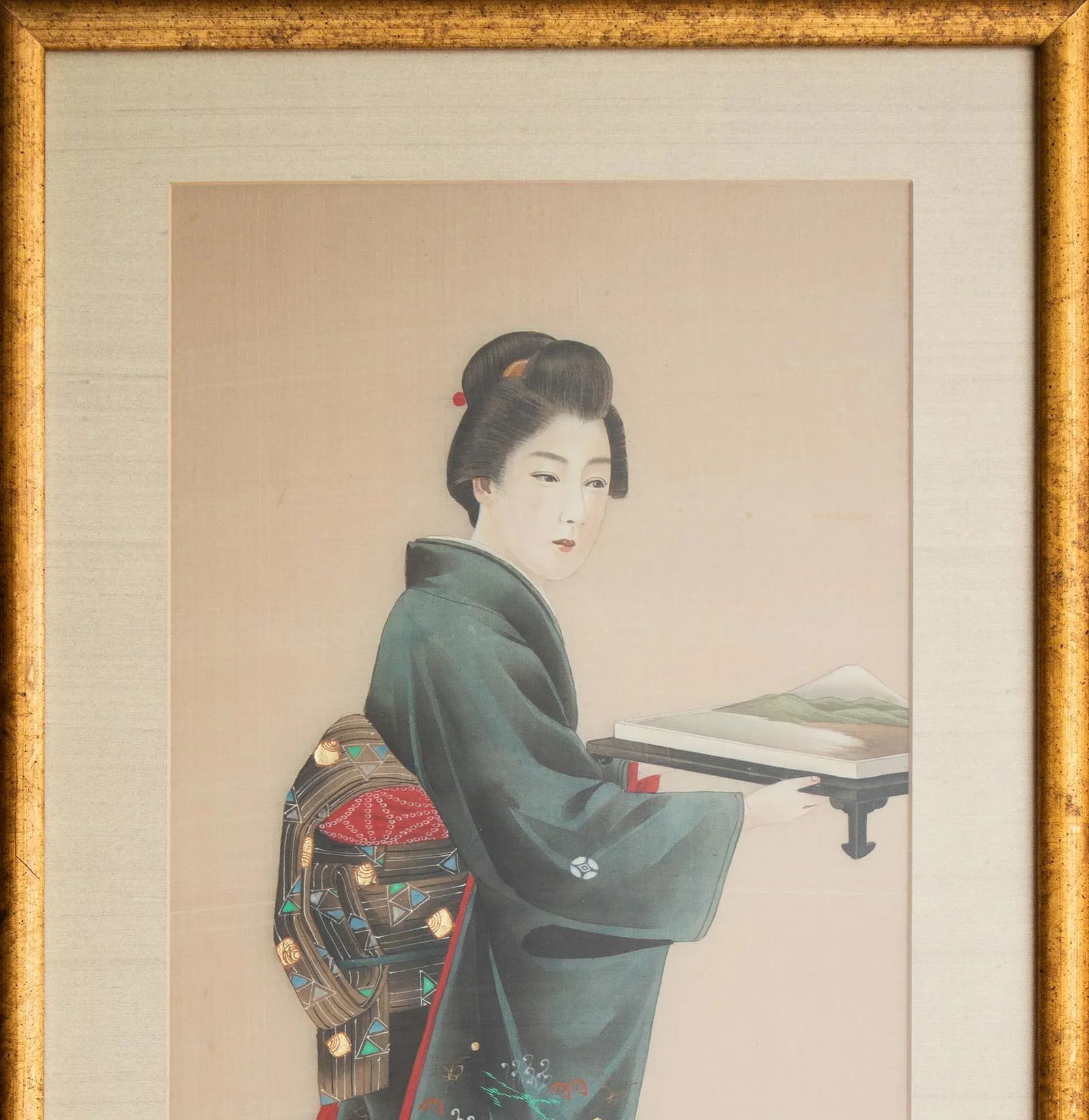 Early 20th Century Meiji to Early Showa Japanese Watercolor Painting of a Woman Carrying Mt Fuji on - 2