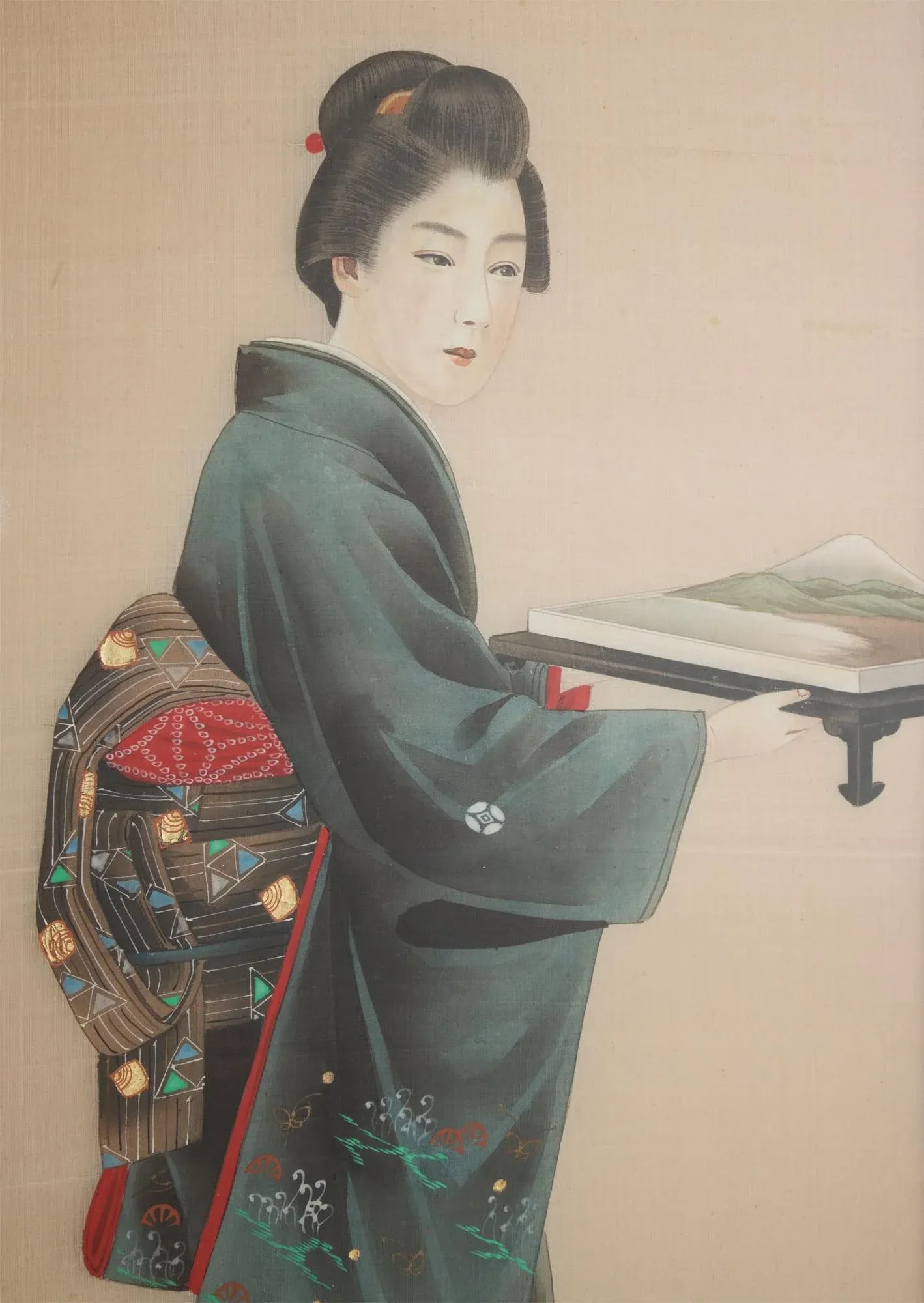 Early 20th Century Meiji to Early Showa Japanese Watercolor Painting of a Woman Carrying Mt Fuji on - 5